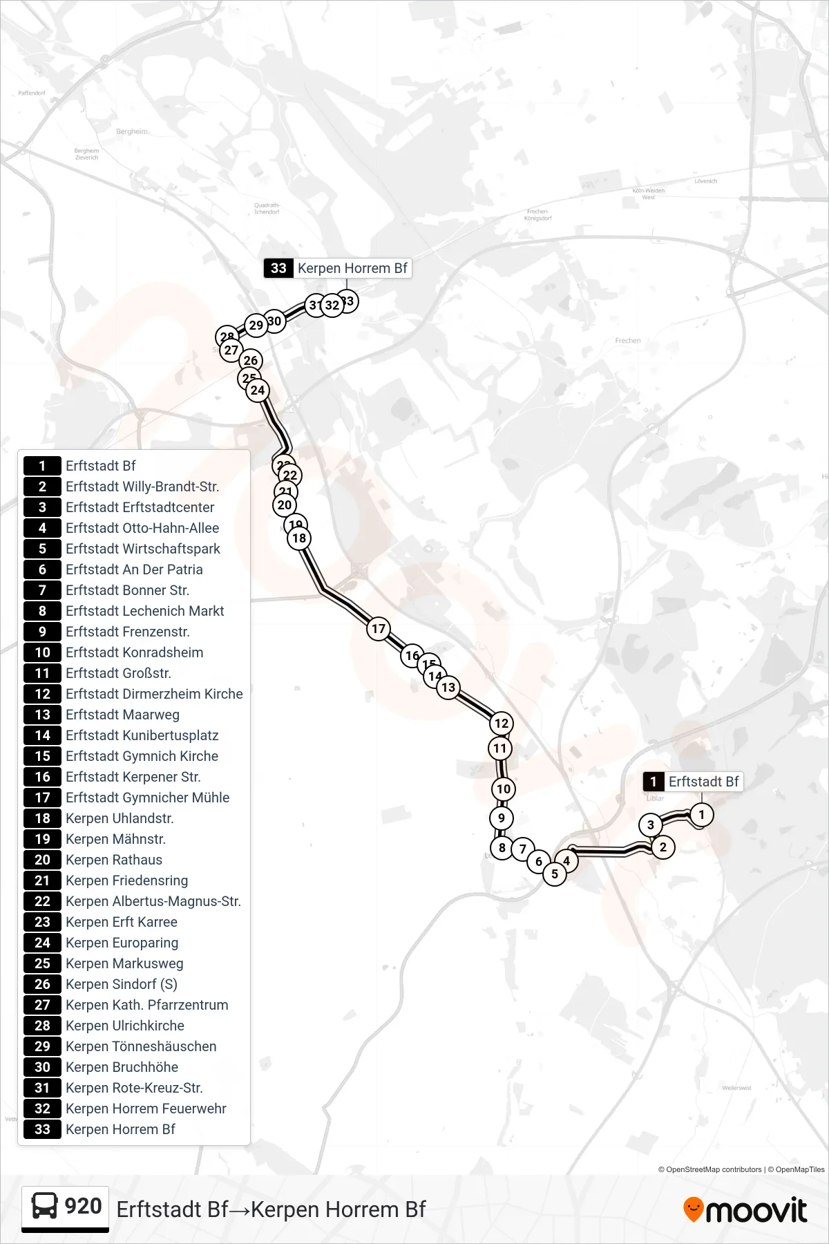 Linie 920 (Bus) Richtung Erftstadt Bf→Kerpen Horrem Bf: Route und Haltestellen auf der Karte