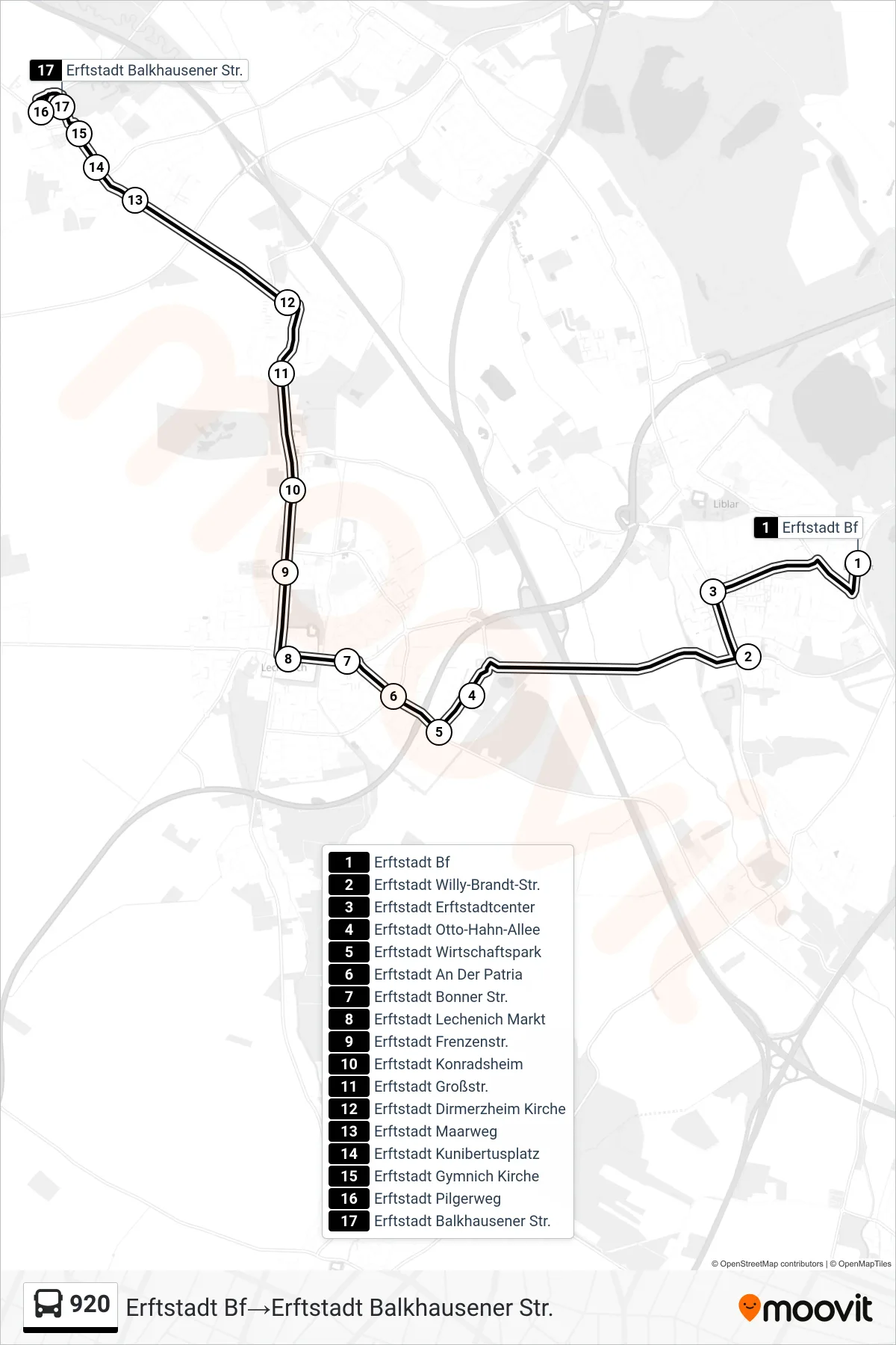 Linie 920 (Bus) Richtung Erftstadt Bf→Erftstadt Balkhausener Str.: Route und Haltestellen auf der Karte