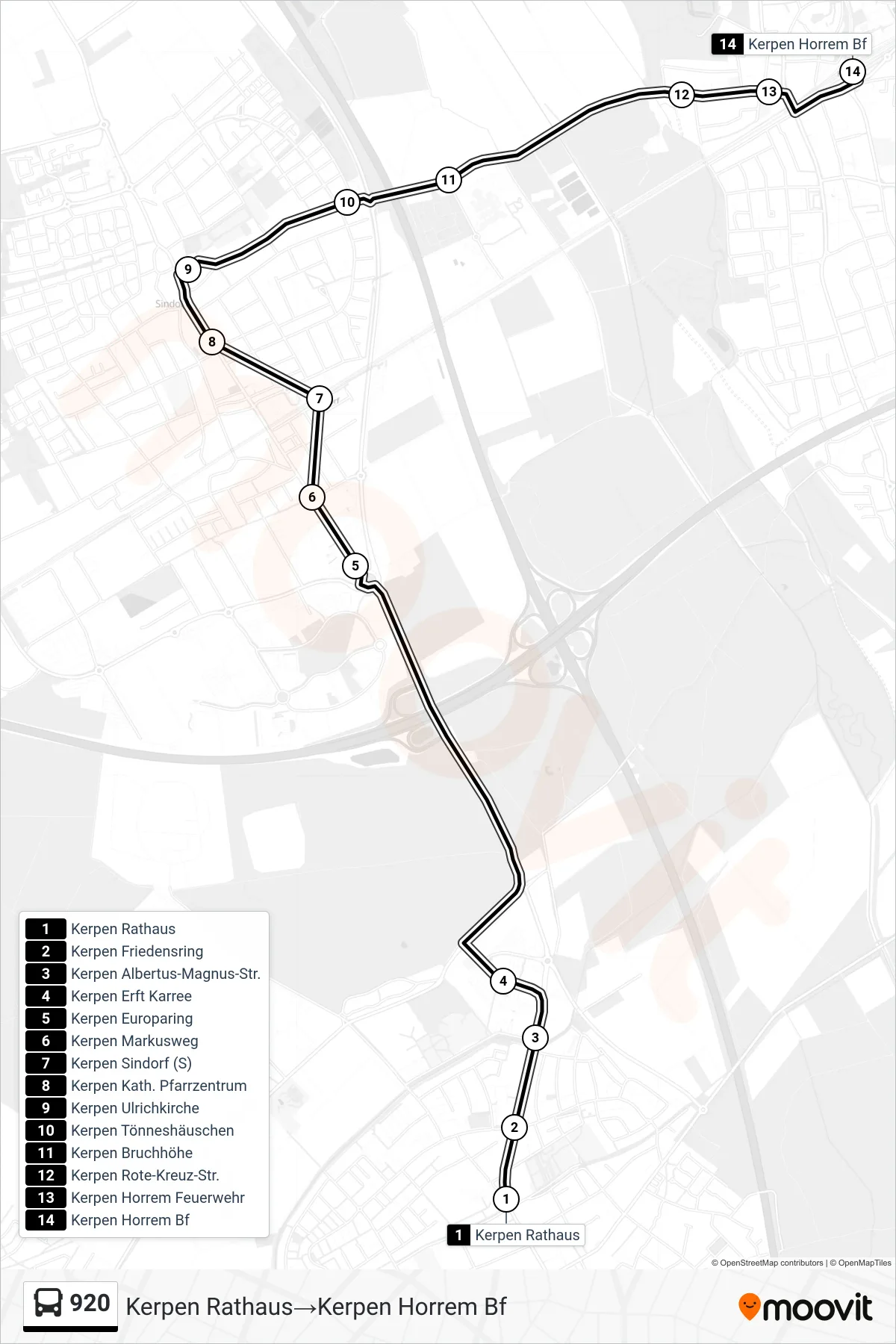 Linie 920 (Bus) Richtung Kerpen Rathaus→Kerpen Horrem Bf: Route und Haltestellen auf der Karte