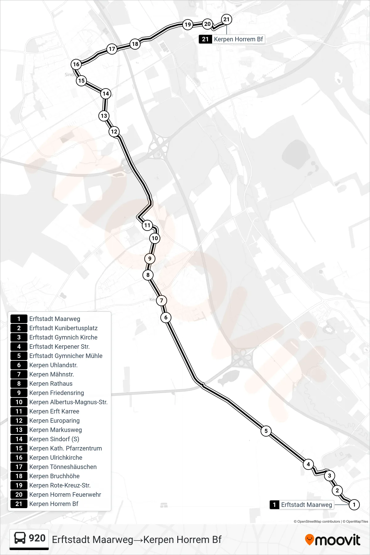 Linie 920 (Bus) Richtung Erftstadt Maarweg→Kerpen Horrem Bf: Route und Haltestellen auf der Karte