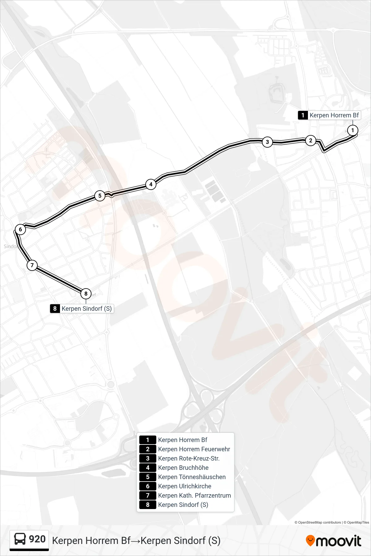 Linie 920 (Bus) Richtung Kerpen Horrem Bf→Kerpen Sindorf (S): Route und Haltestellen auf der Karte
