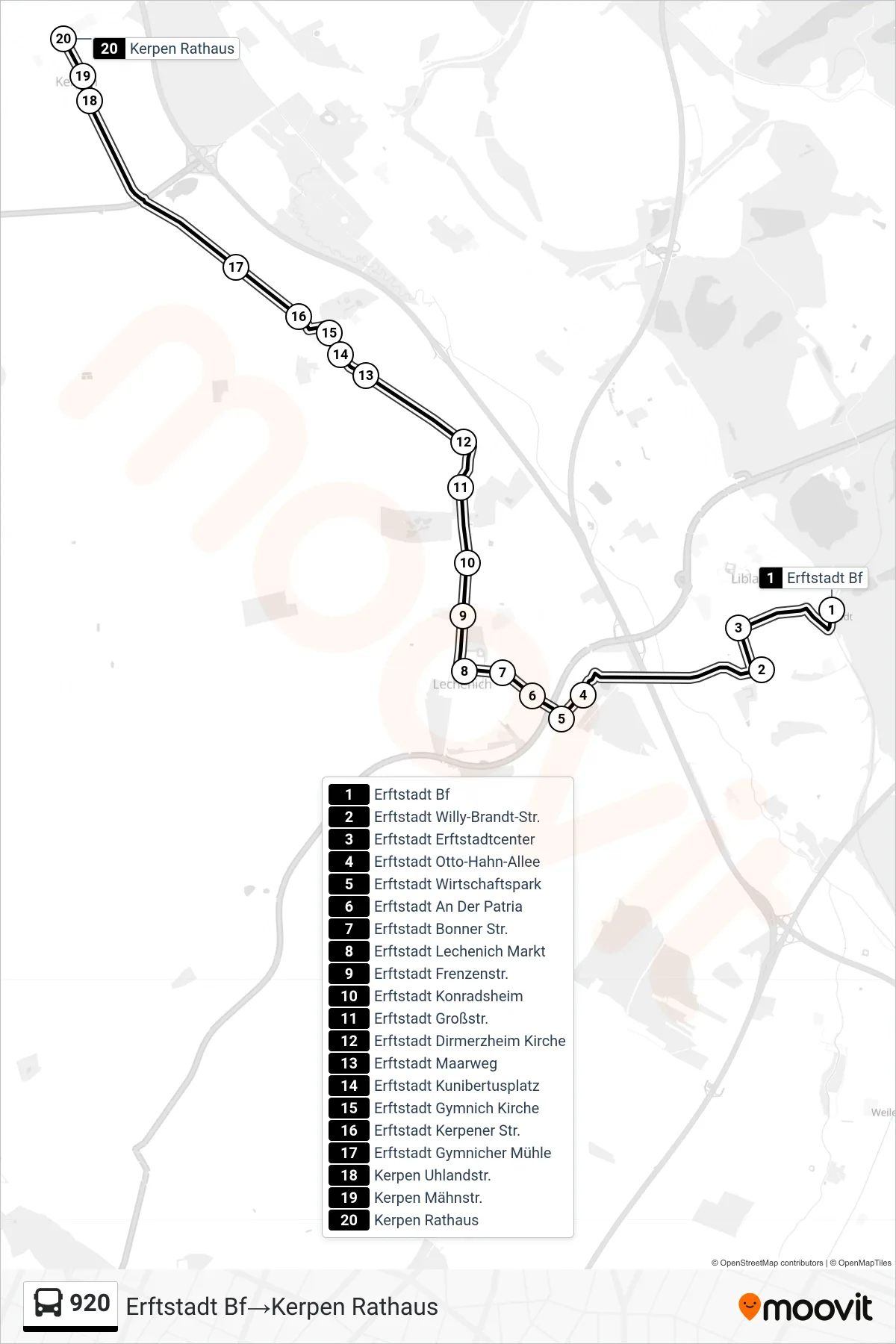 Linie 920 (Bus) Richtung Erftstadt Bf→Kerpen Rathaus: Route und Haltestellen auf der Karte