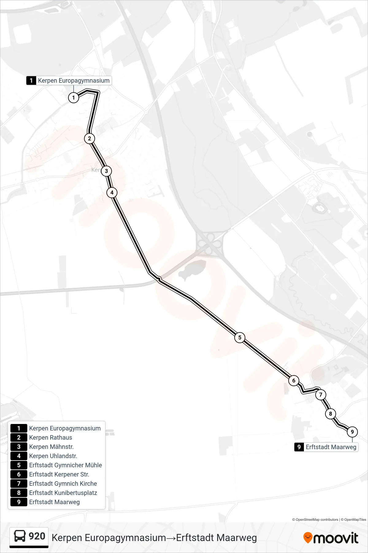 Linie 920 (Bus) Richtung Kerpen Europagymnasium→Erftstadt Maarweg: Route und Haltestellen auf der Karte