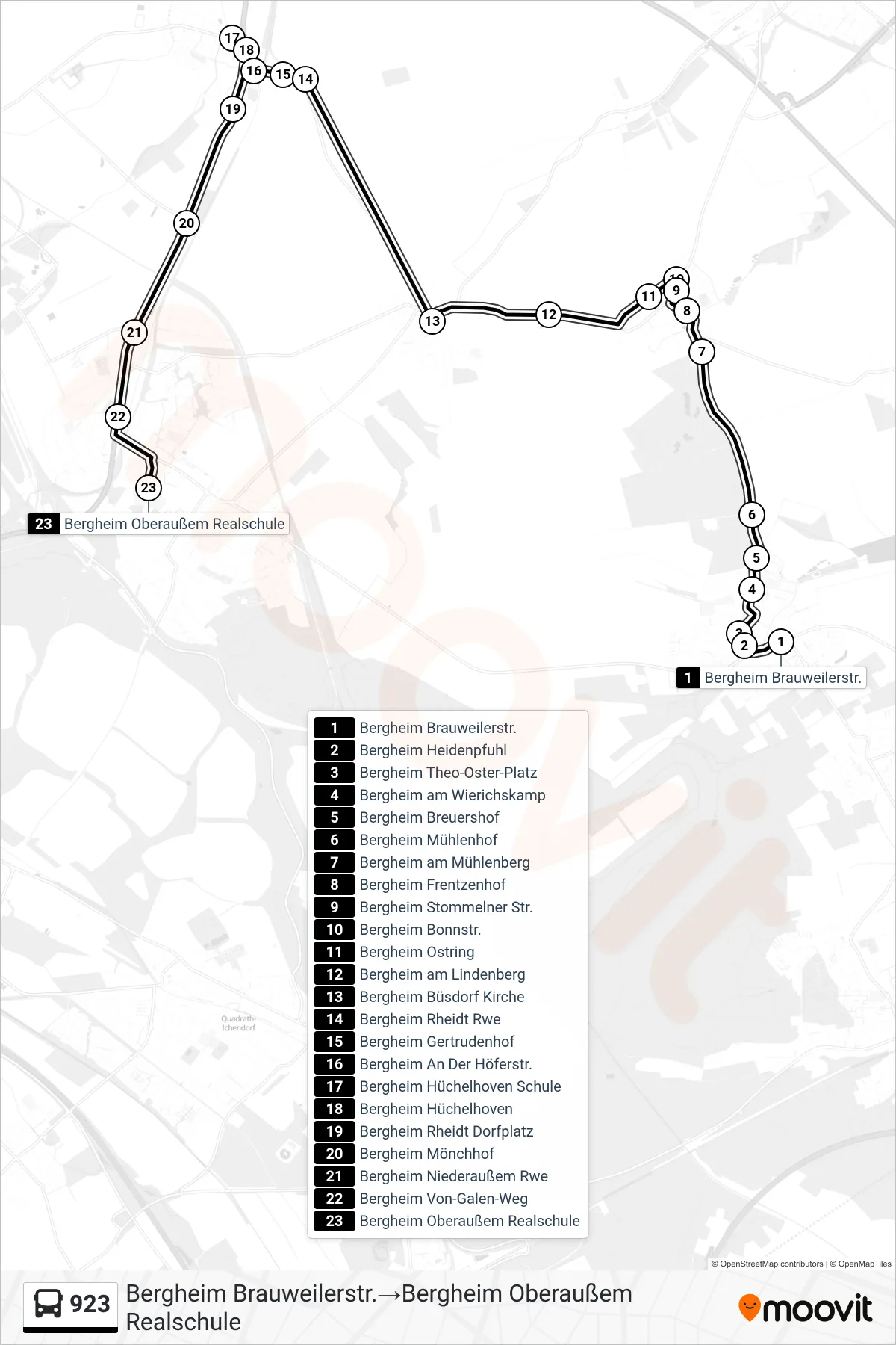 Linie 923 (Bus) Richtung Bergheim Brauweilerstr.→Bergheim Oberaußem Realschule: Route und Haltestellen auf der Karte