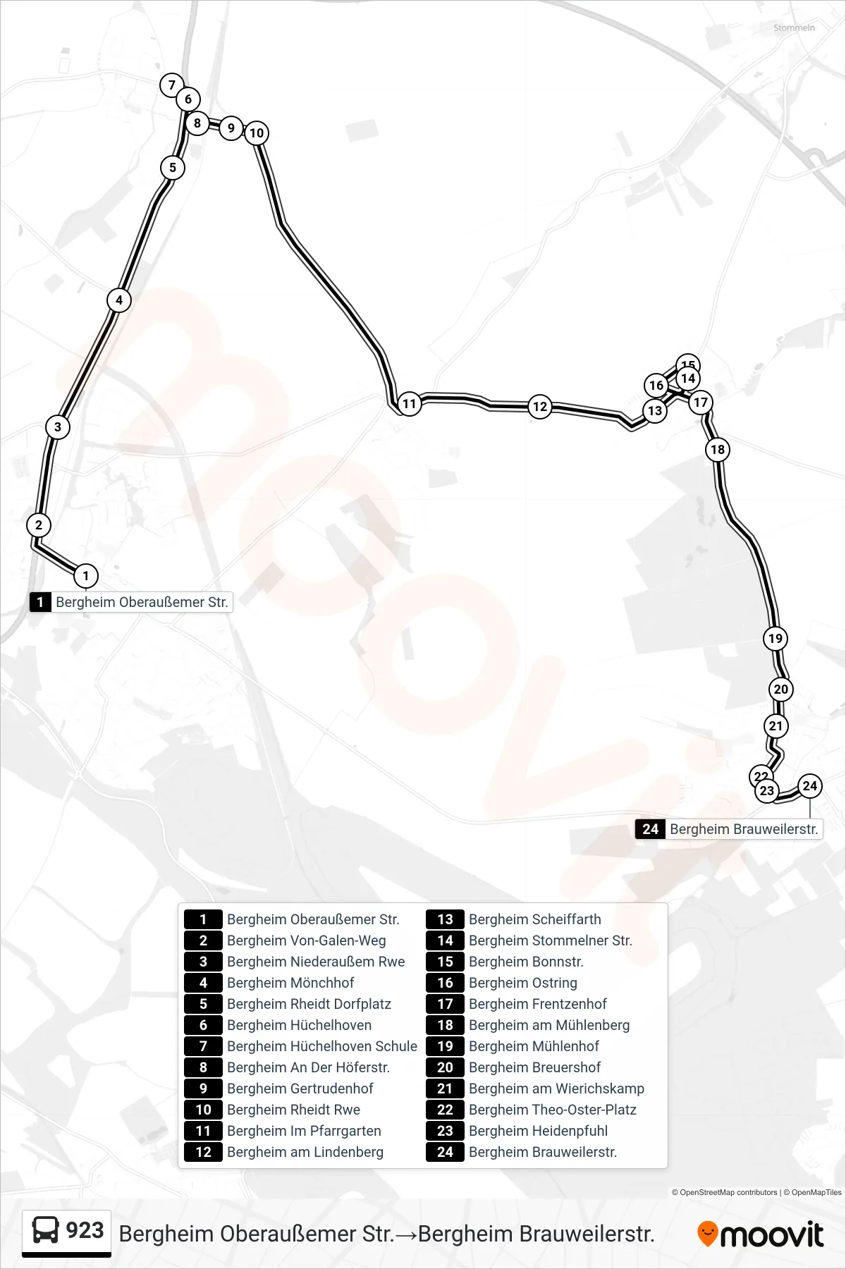 Linie 923 (Bus) Richtung Bergheim Oberaußemer Str.‎→Bergheim Brauweilerstr.: Route und Haltestellen auf der Karte