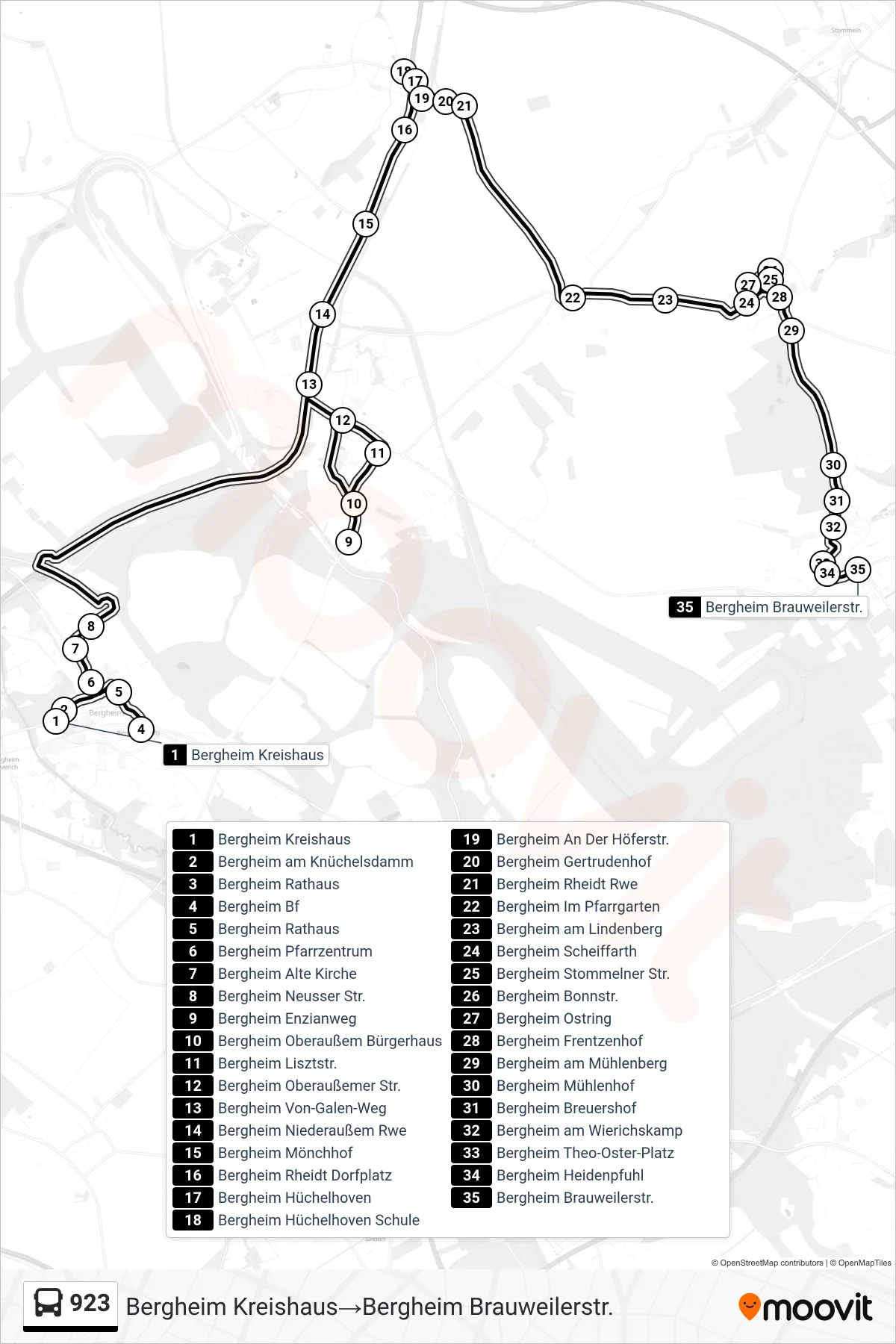 Linie 923 (Bus) Richtung Bergheim Kreishaus‎→Bergheim Brauweilerstr.: Route und Haltestellen auf der Karte