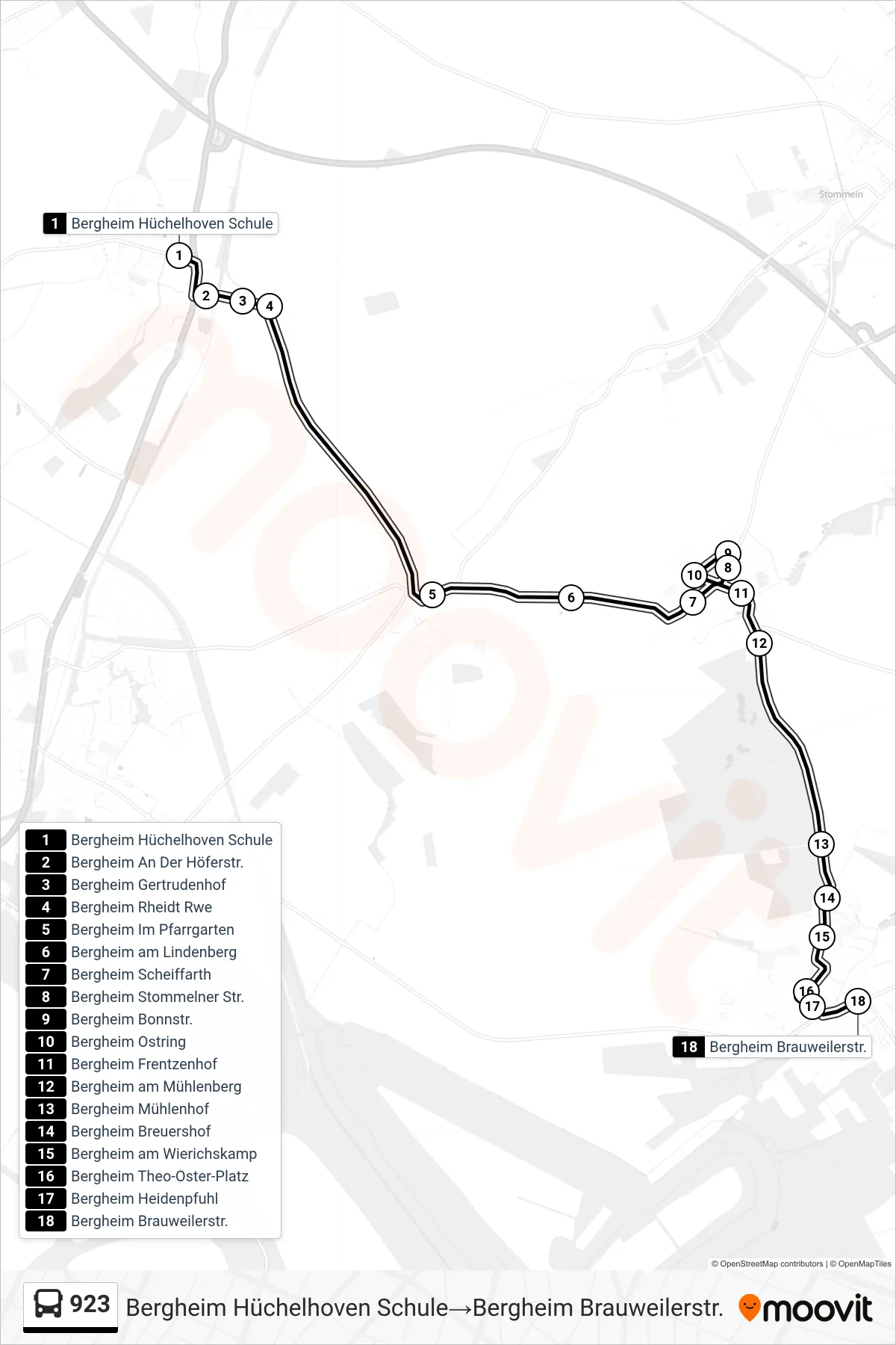Linie 923 (Bus) Richtung Bergheim Hüchelhoven Schule‎→Bergheim Brauweilerstr.: Route und Haltestellen auf der Karte