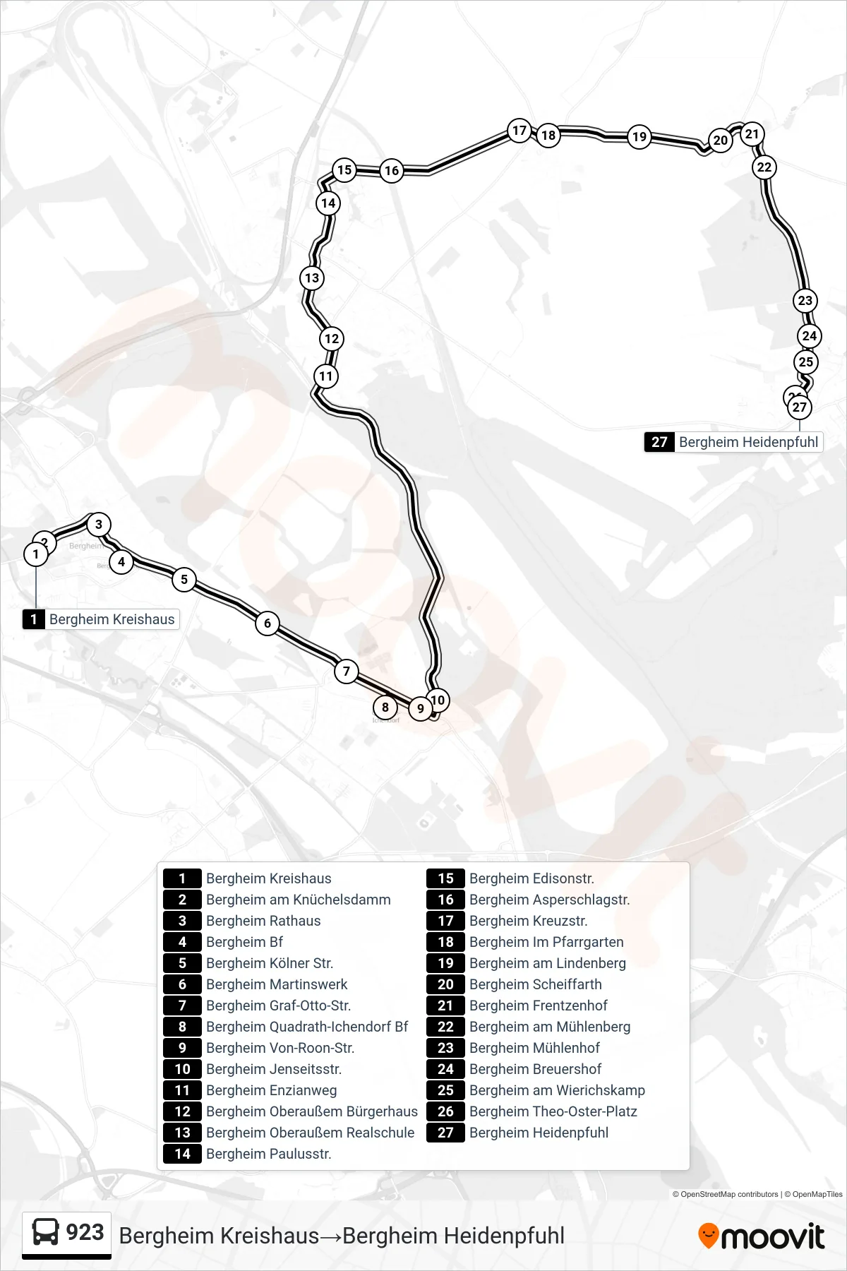 Linie 923 (Bus) Richtung Bergheim Kreishaus→Bergheim Heidenpfuhl: Route und Haltestellen auf der Karte