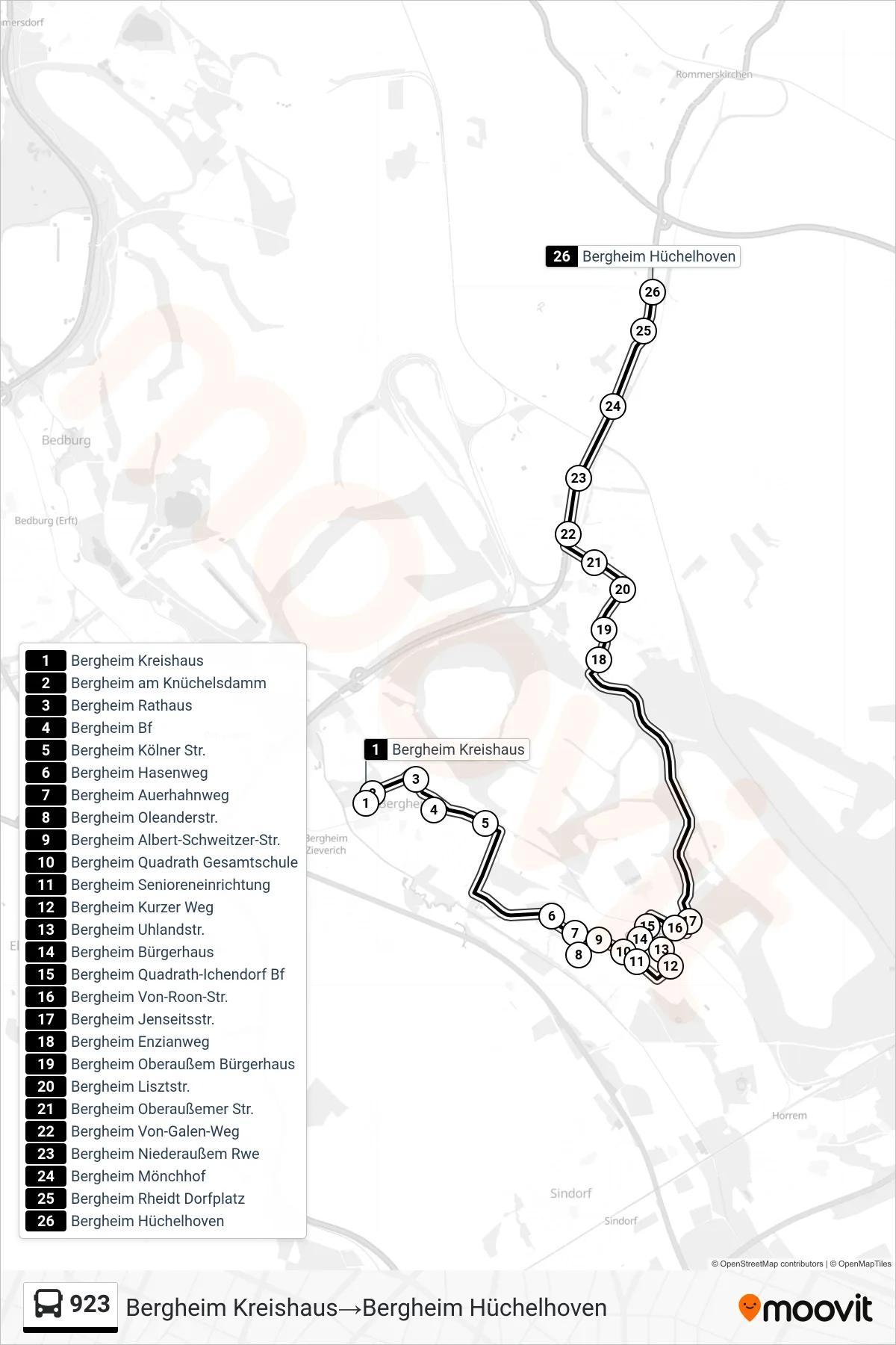 923 bus Line (Bergheim Kreishaus‎→Bergheim Hüchelhoven) route and stops on a map