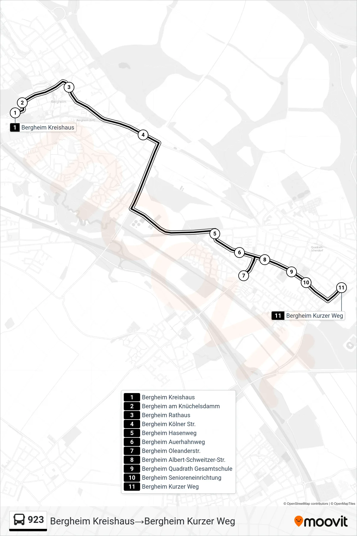 Linie 923 (Bus) Richtung Bergheim Kreishaus‎→Bergheim Kurzer Weg: Route und Haltestellen auf der Karte