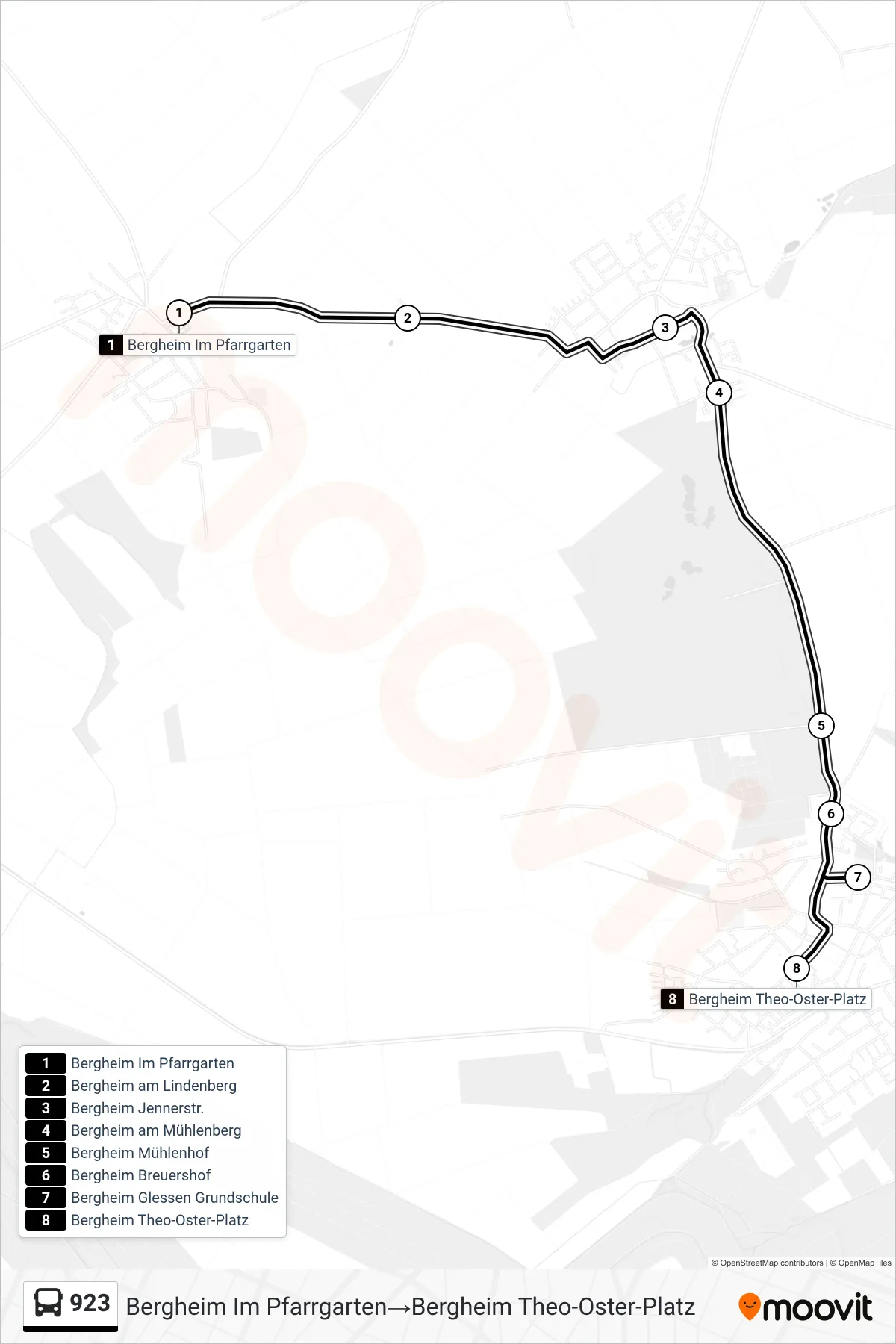 Linie 923 (Bus) Richtung Bergheim Im Pfarrgarten→Bergheim Theo-Oster-Platz: Route und Haltestellen auf der Karte