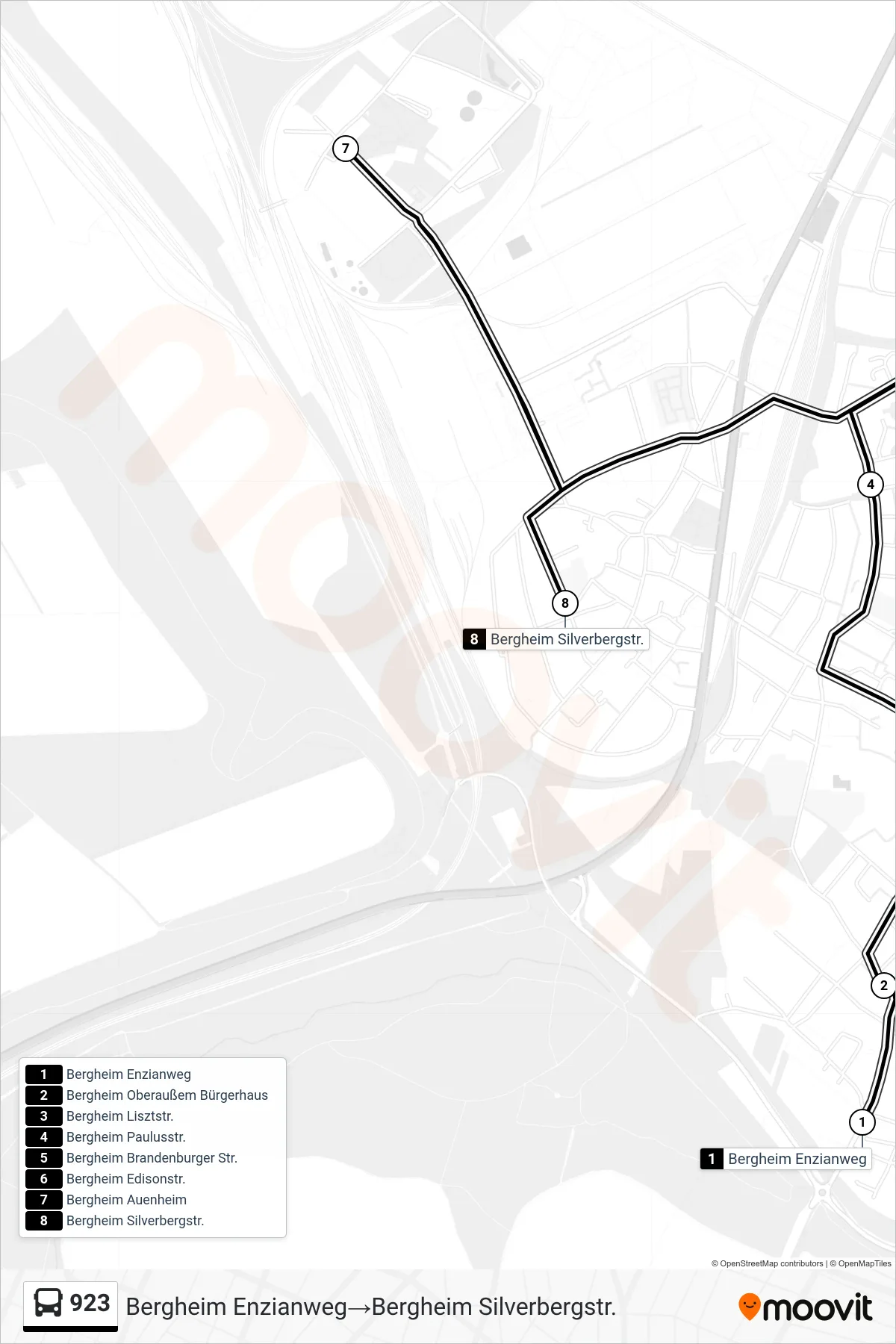 Linie 923 (Bus) Richtung Bergheim Enzianweg‎→Bergheim Silverbergstr.: Route und Haltestellen auf der Karte