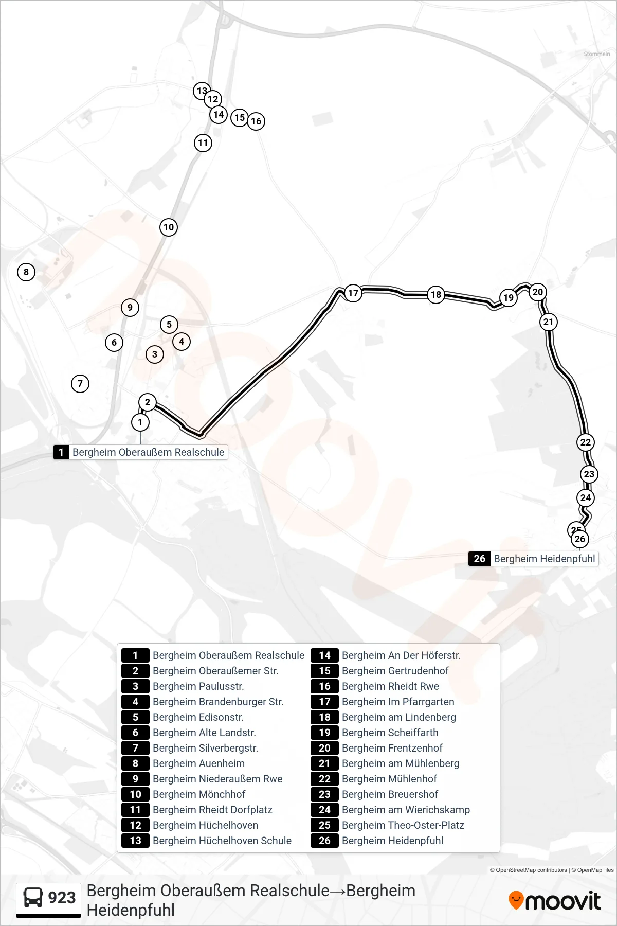 923 bus Line (Bergheim Oberaußem Realschule‎→Bergheim Heidenpfuhl) route and stops on a map