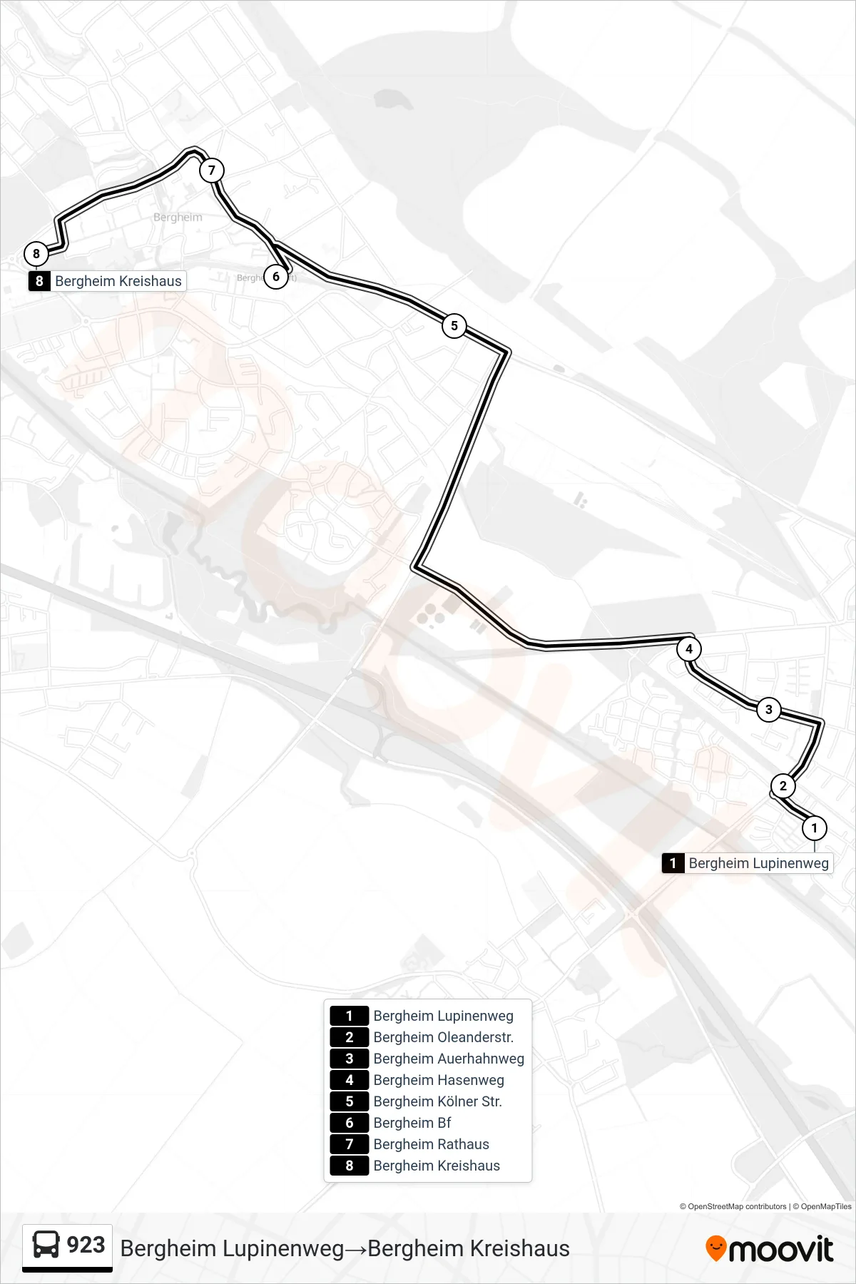 Linie 923 (Bus) Richtung Bergheim Lupinenweg→Bergheim Kreishaus: Route und Haltestellen auf der Karte