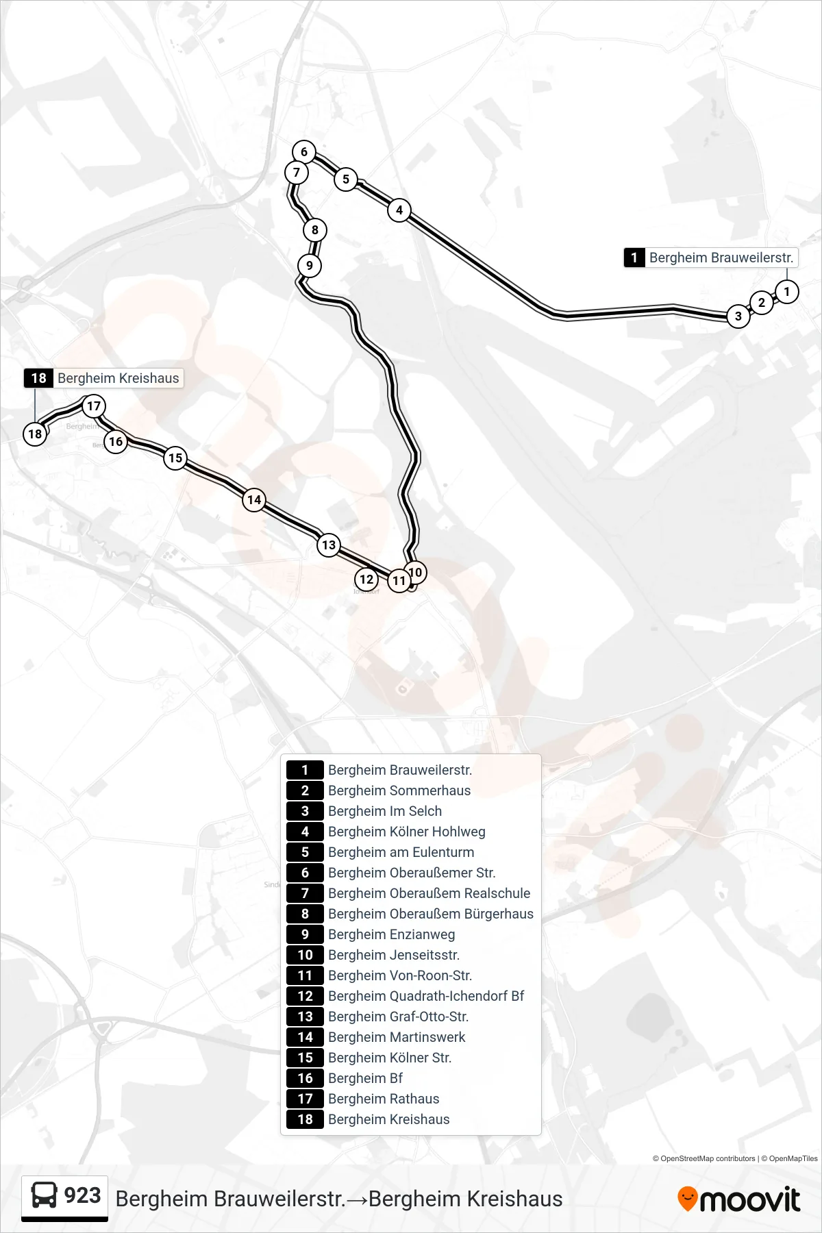 Linie 923 (Bus) Richtung Bergheim Brauweilerstr.‎→Bergheim Kreishaus: Route und Haltestellen auf der Karte