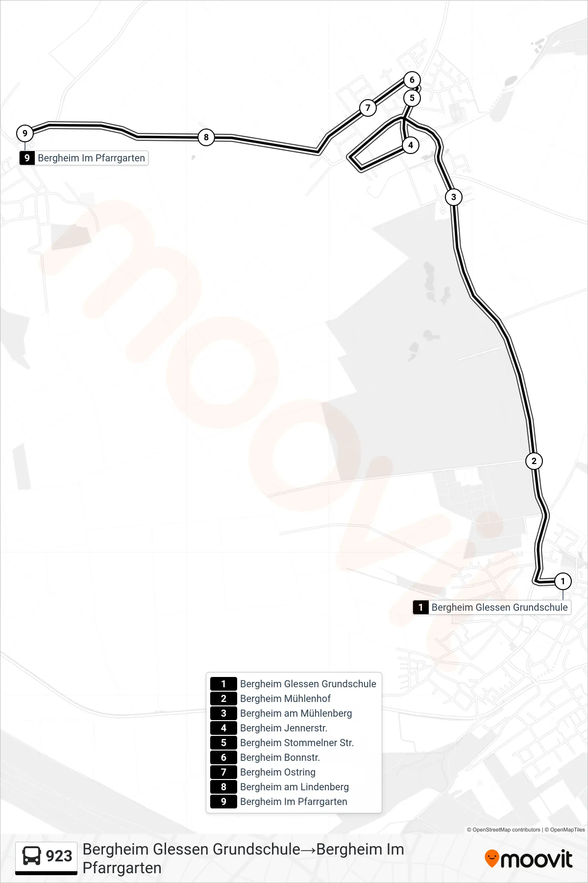 Linie 923 (Bus) Richtung Bergheim Glessen Grundschule→Bergheim Im Pfarrgarten: Route und Haltestellen auf der Karte