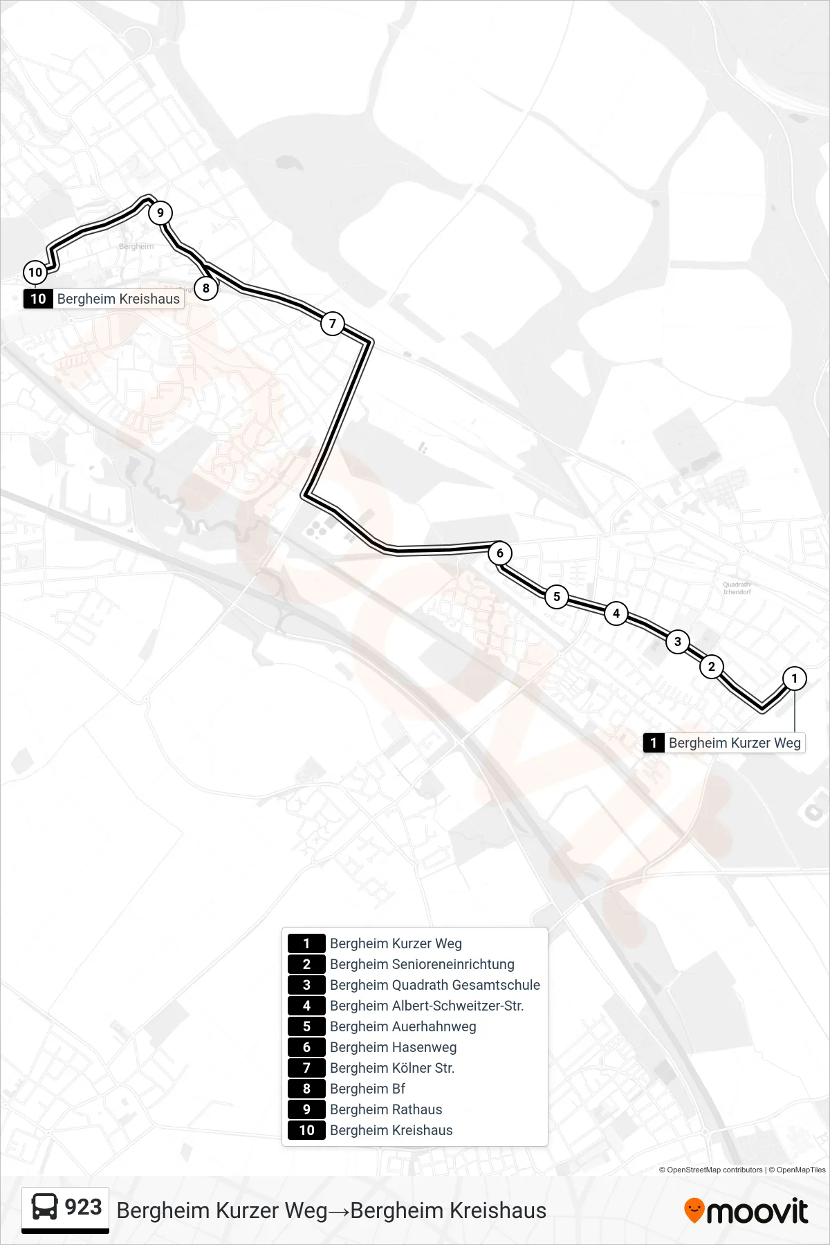 Linie 923 (Bus) Richtung Bergheim Kurzer Weg→Bergheim Kreishaus: Route und Haltestellen auf der Karte