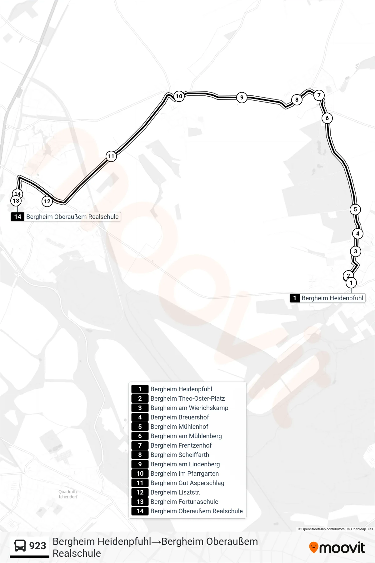 Linie 923 (Bus) Richtung Bergheim Heidenpfuhl‎→Bergheim Oberaußem Realschule: Route und Haltestellen auf der Karte