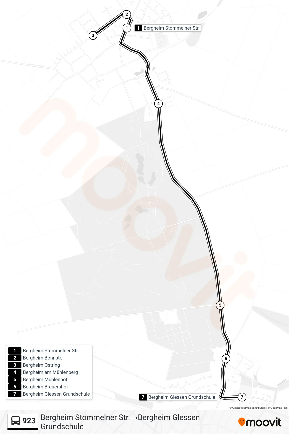 Linie 923 (Bus) Richtung Bergheim Stommelner Str.→Bergheim Glessen Grundschule: Route und Haltestellen auf der Karte