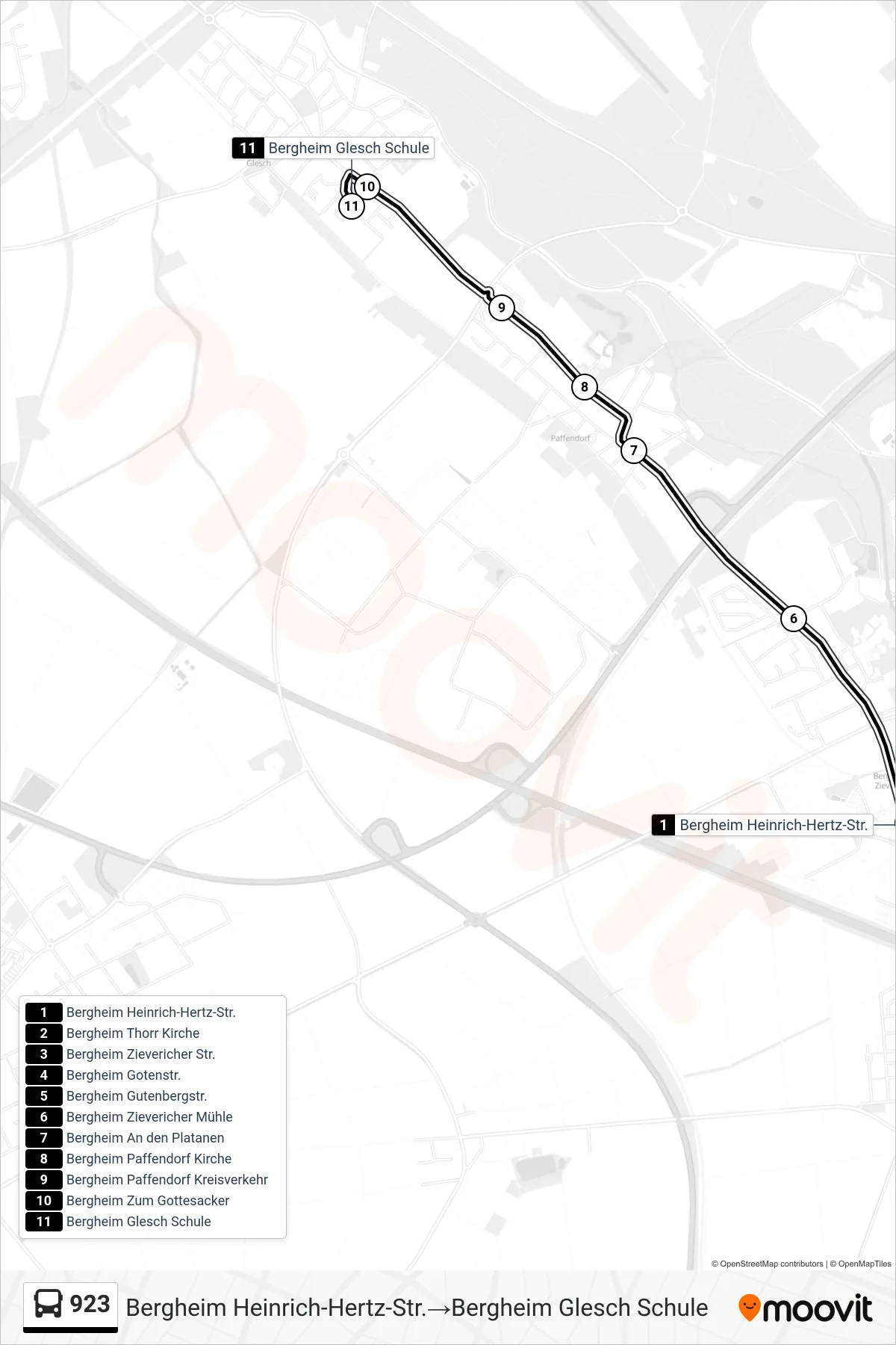 923 bus Line (Bergheim Heinrich-Hertz-Str.‎→Bergheim Glesch Schule) route and stops on a map