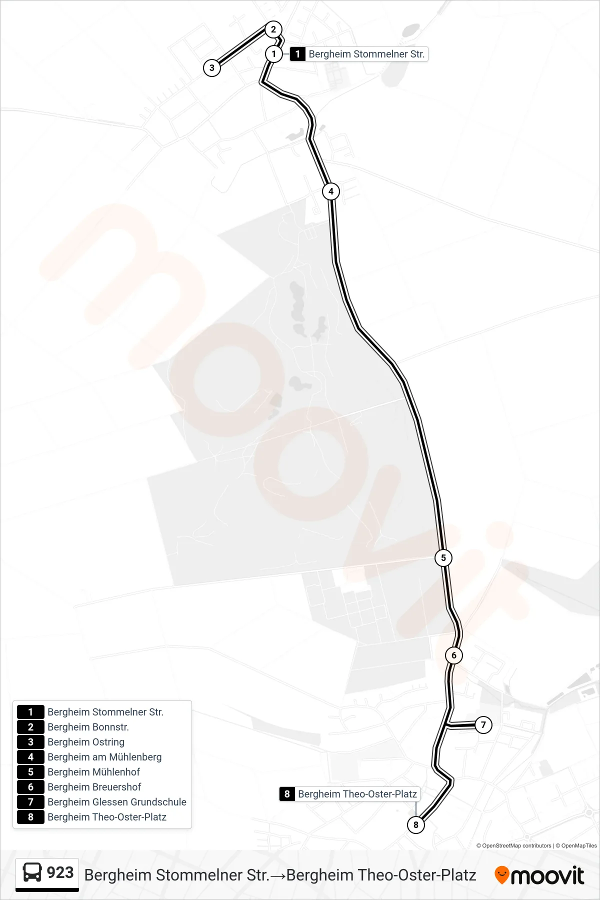 Linie 923 (Bus) Richtung Bergheim Stommelner Str.→Bergheim Theo-Oster-Platz: Route und Haltestellen auf der Karte