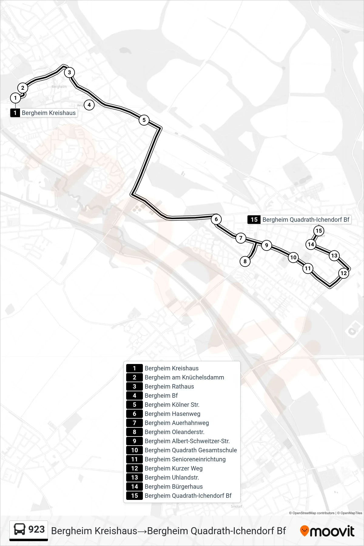 Linie 923 (Bus) Richtung Bergheim Kreishaus‎→Bergheim Quadrath-Ichendorf Bf: Route und Haltestellen auf der Karte