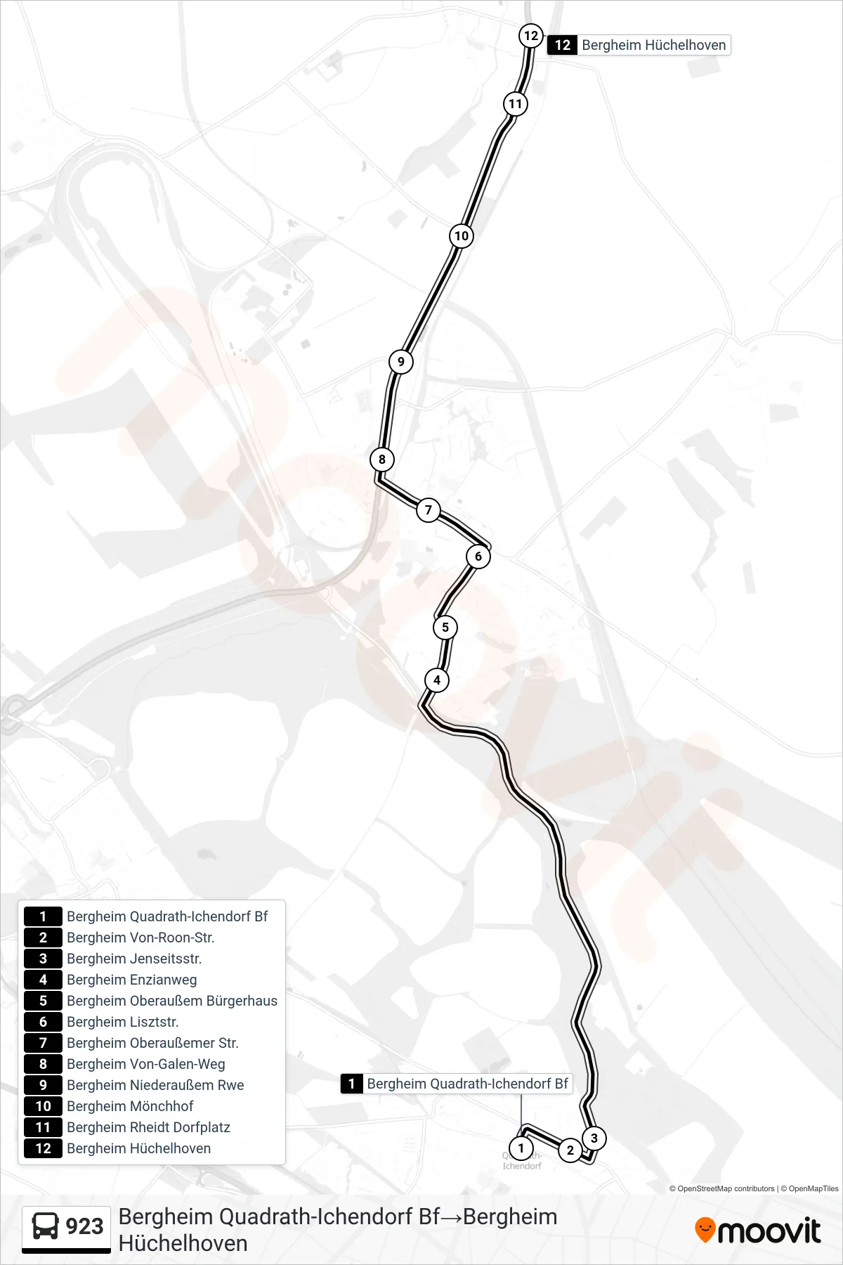 Linie 923 (Bus) Richtung Bergheim Quadrath-Ichendorf Bf→Bergheim Hüchelhoven: Route und Haltestellen auf der Karte