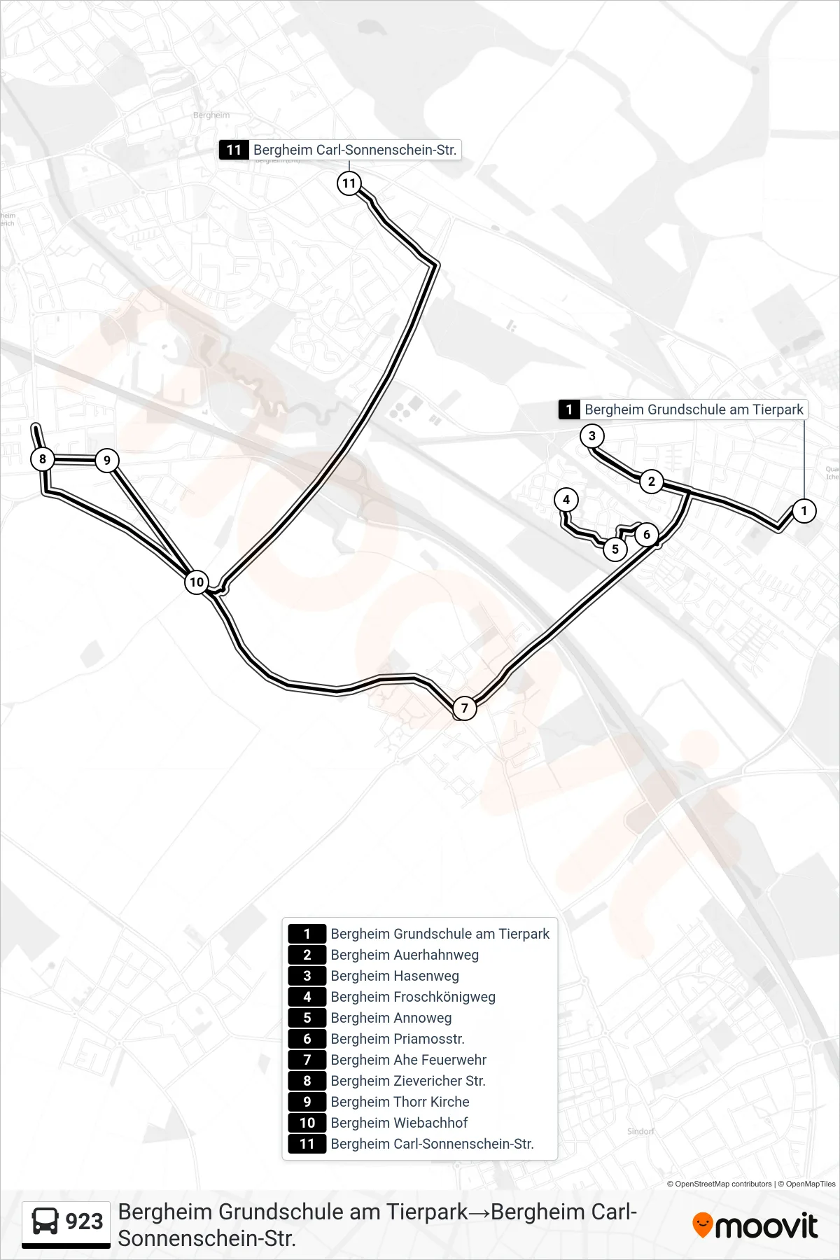 923 bus Line (Bergheim Grundschule am Tierpark‎→Bergheim Carl-Sonnenschein-Str.) route and stops on a map