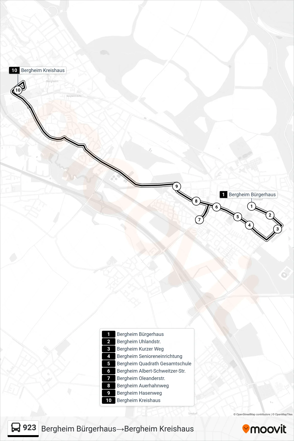 923 bus Line (Bergheim Bürgerhaus→Bergheim Kreishaus) route and stops on a map