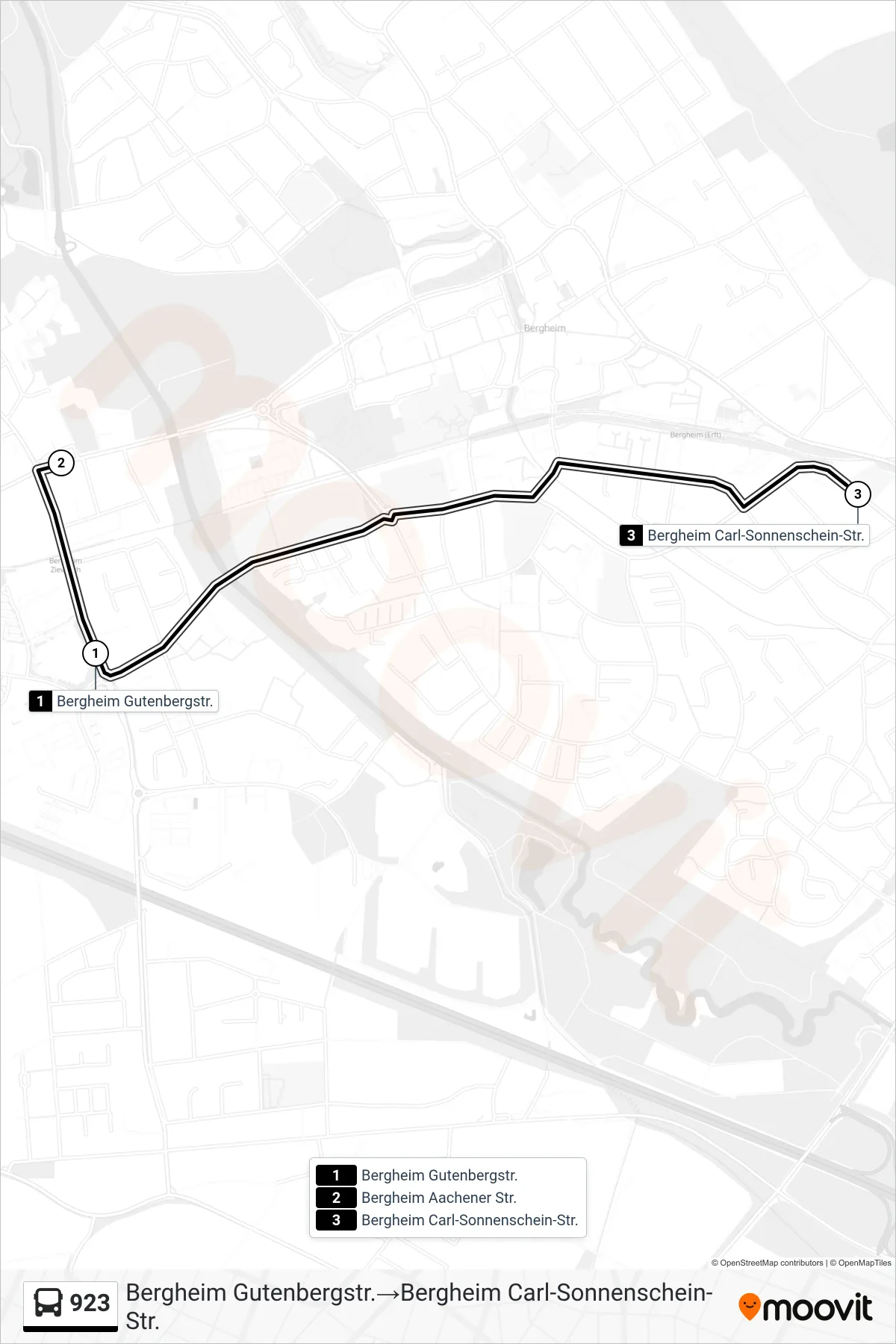Linie 923 (Bus) Richtung Bergheim Gutenbergstr.‎→Bergheim Carl-Sonnenschein-Str.: Route und Haltestellen auf der Karte