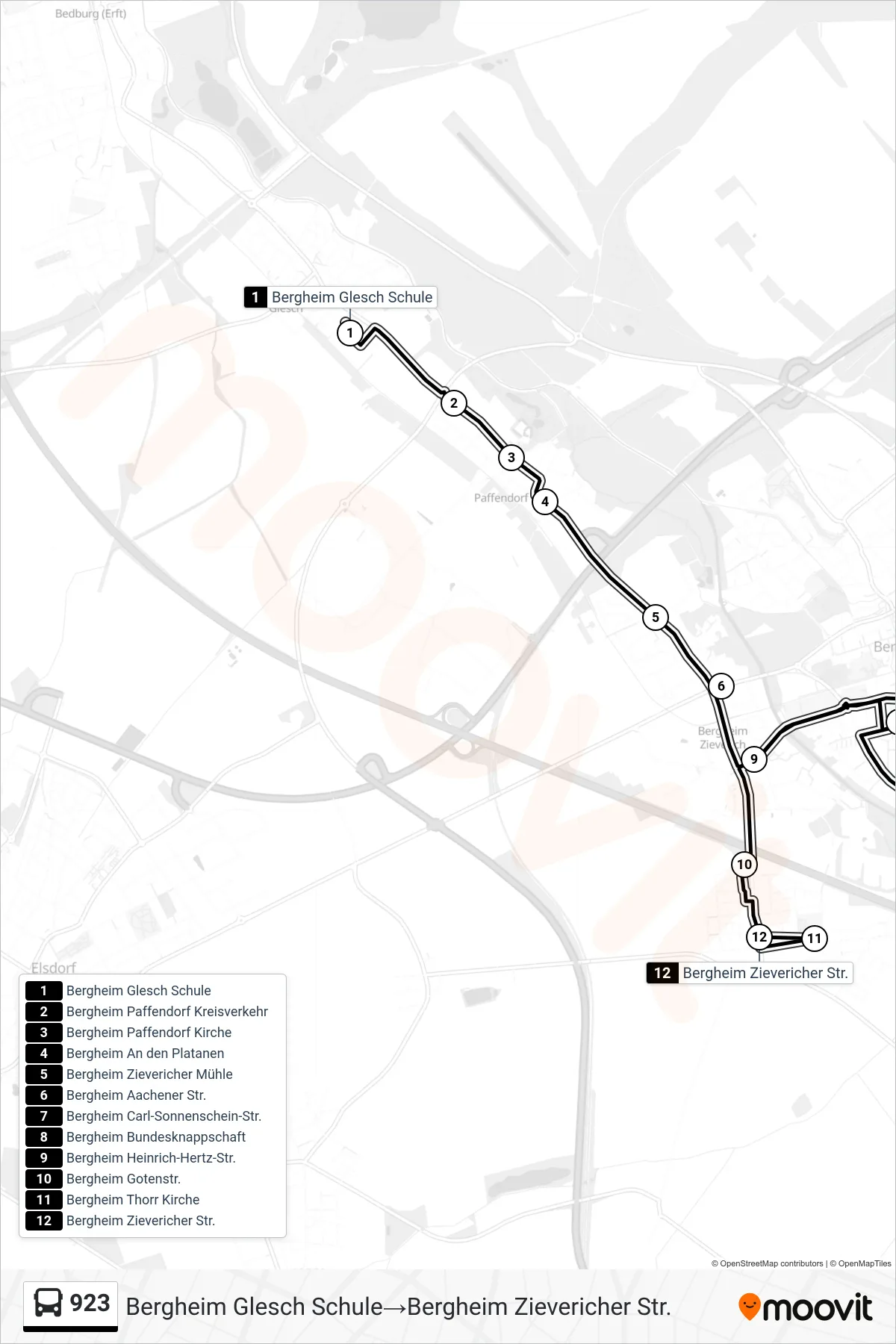 Linie 923 (Bus) Richtung Bergheim Glesch Schule‎→Bergheim Zievericher Str.: Route und Haltestellen auf der Karte