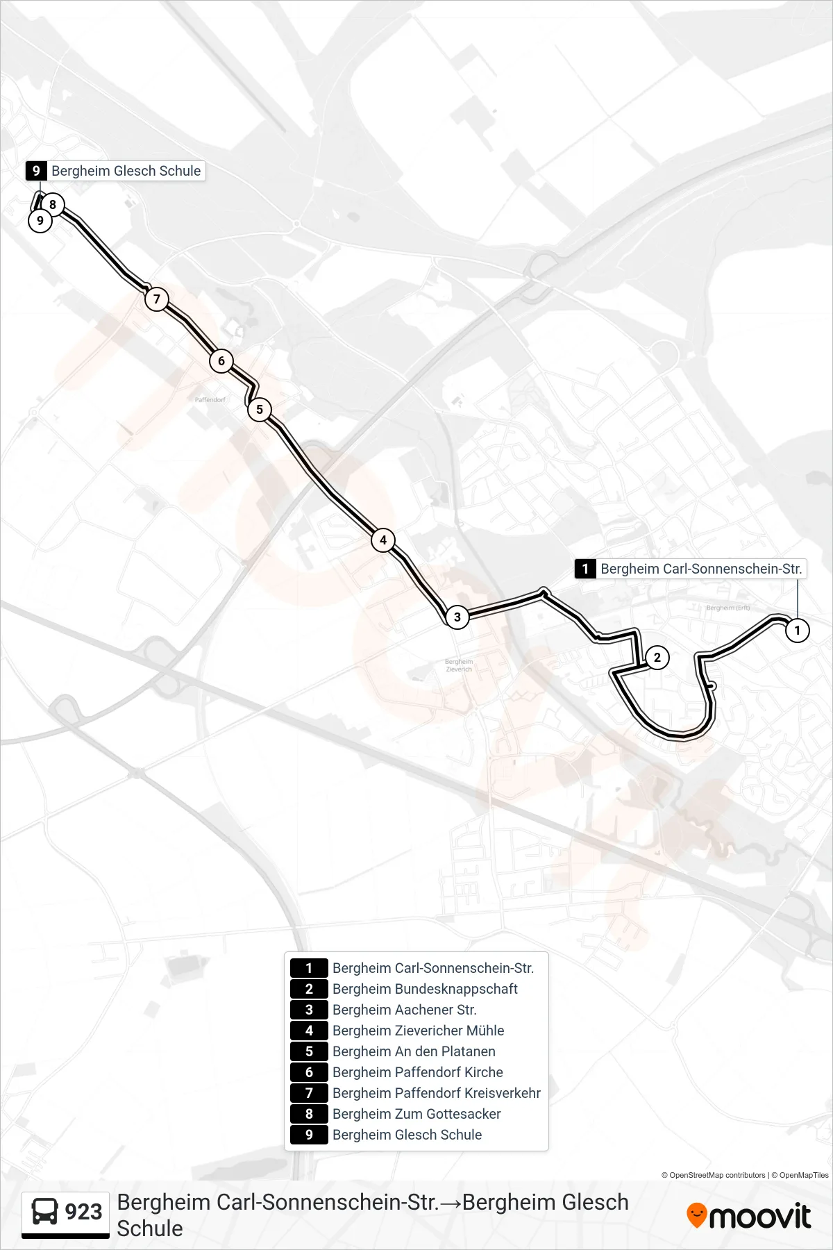 923 bus Line (Bergheim Carl-Sonnenschein-Str.→Bergheim Glesch Schule) route and stops on a map