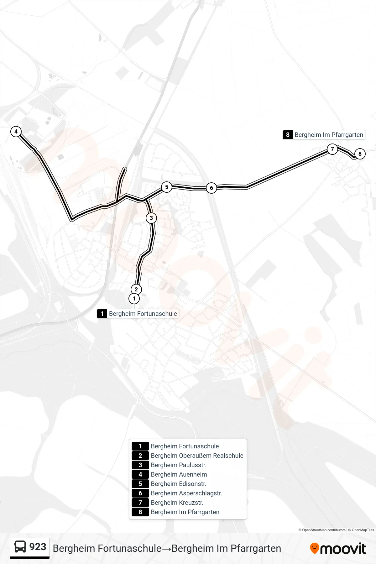 Linie 923 (Bus) Richtung Bergheim Fortunaschule‎→Bergheim Im Pfarrgarten: Route und Haltestellen auf der Karte
