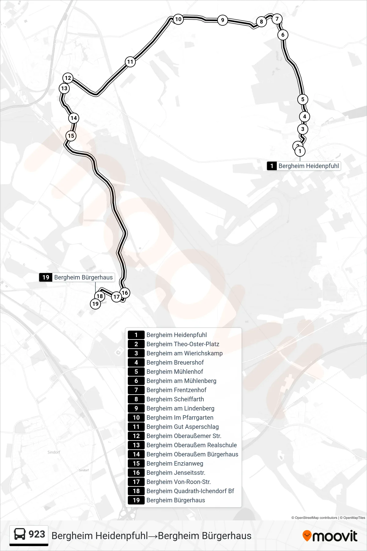 Linie 923 (Bus) Richtung Bergheim Heidenpfuhl→Bergheim Bürgerhaus: Route und Haltestellen auf der Karte