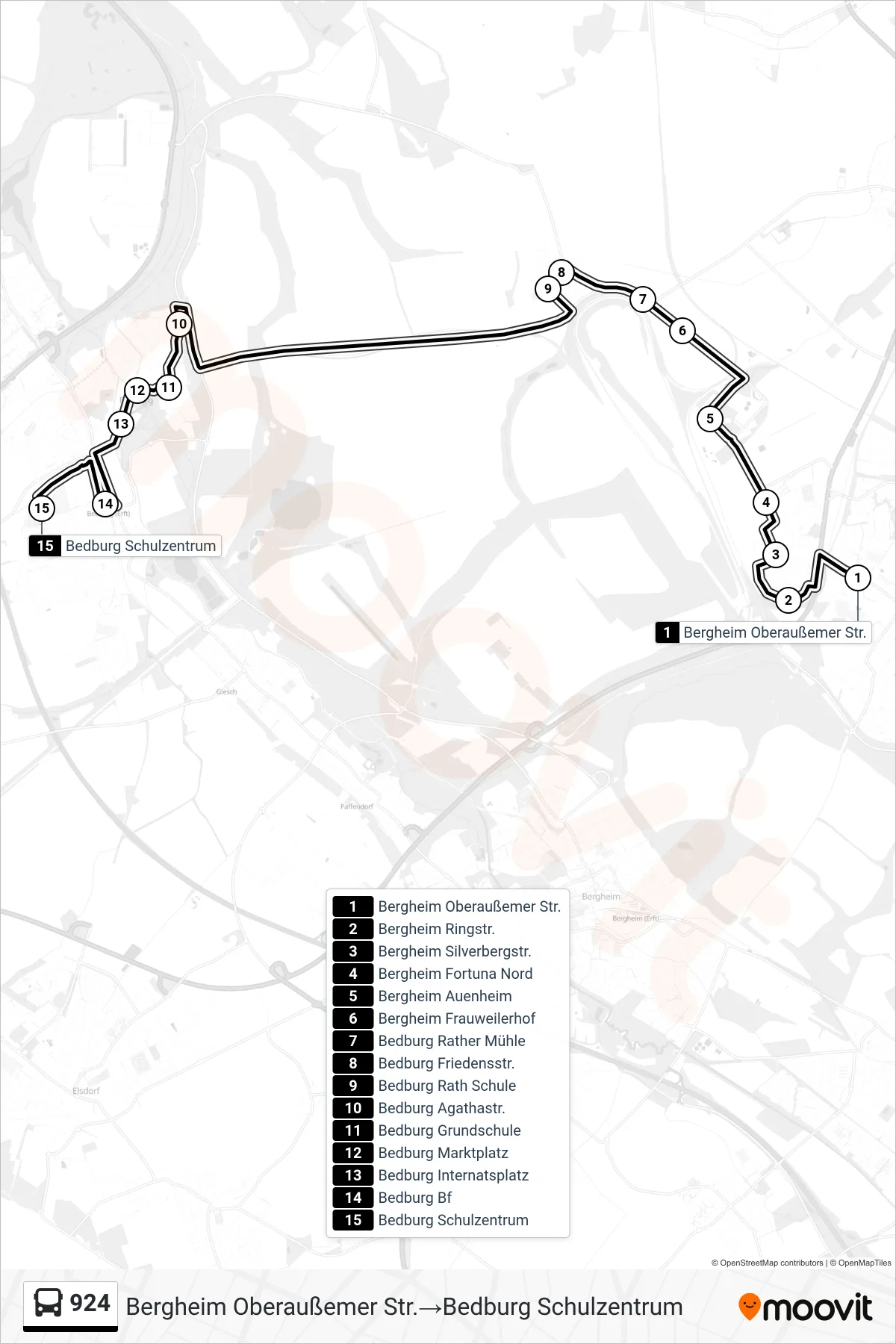 Linie 924 (Bus) Richtung Bergheim Oberaußemer Str.‎→Bedburg Schulzentrum: Route und Haltestellen auf der Karte