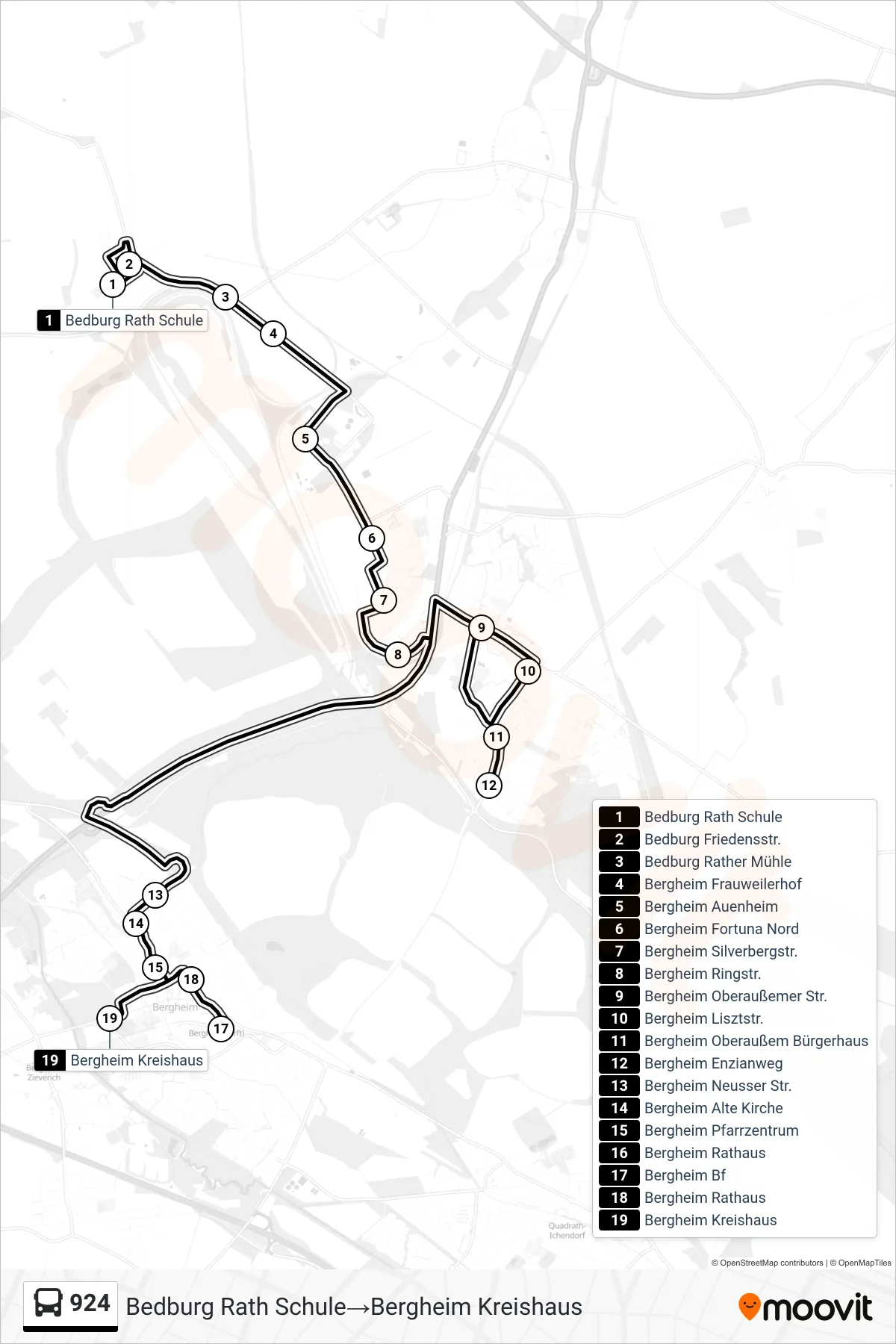 Linie 924 (Bus) Richtung Bedburg Rath Schule‎→Bergheim Kreishaus: Route und Haltestellen auf der Karte