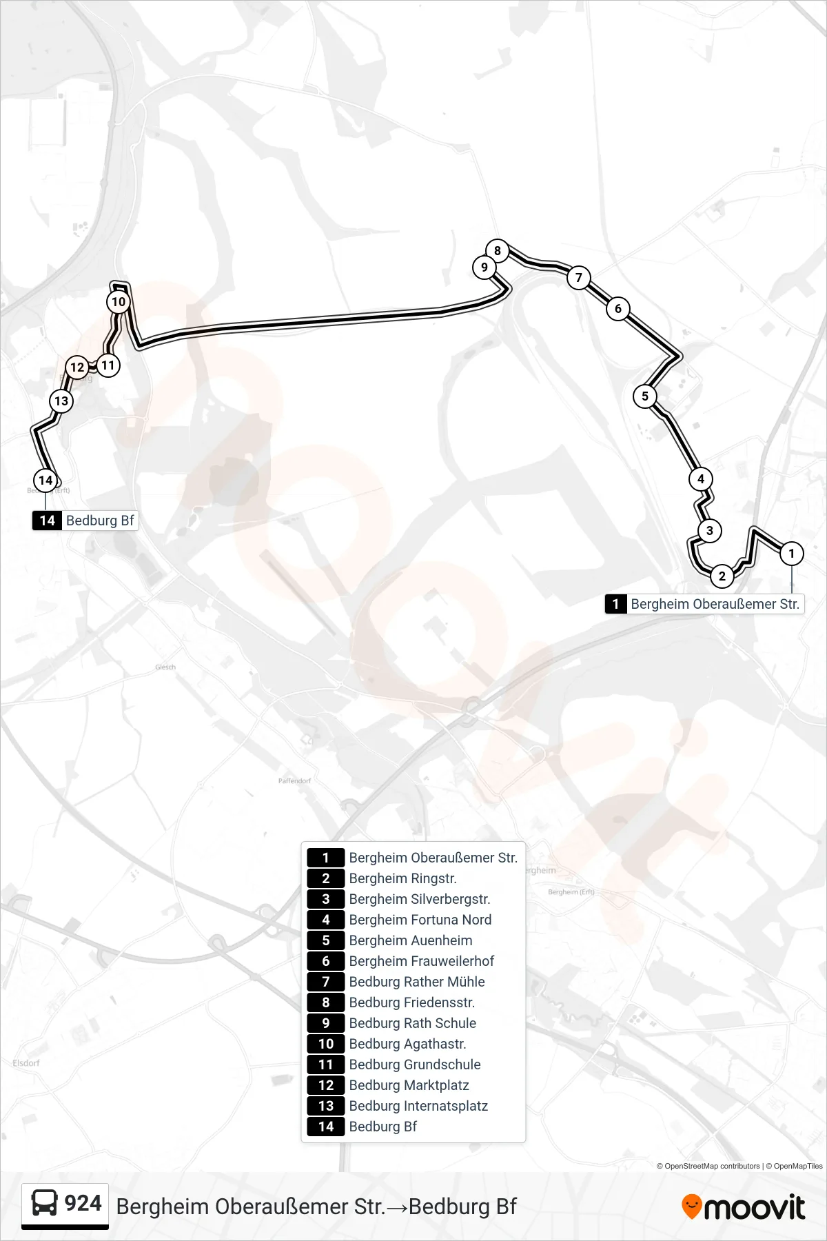 Linie 924 (Bus) Richtung Bergheim Oberaußemer Str.→Bedburg Bf: Route und Haltestellen auf der Karte