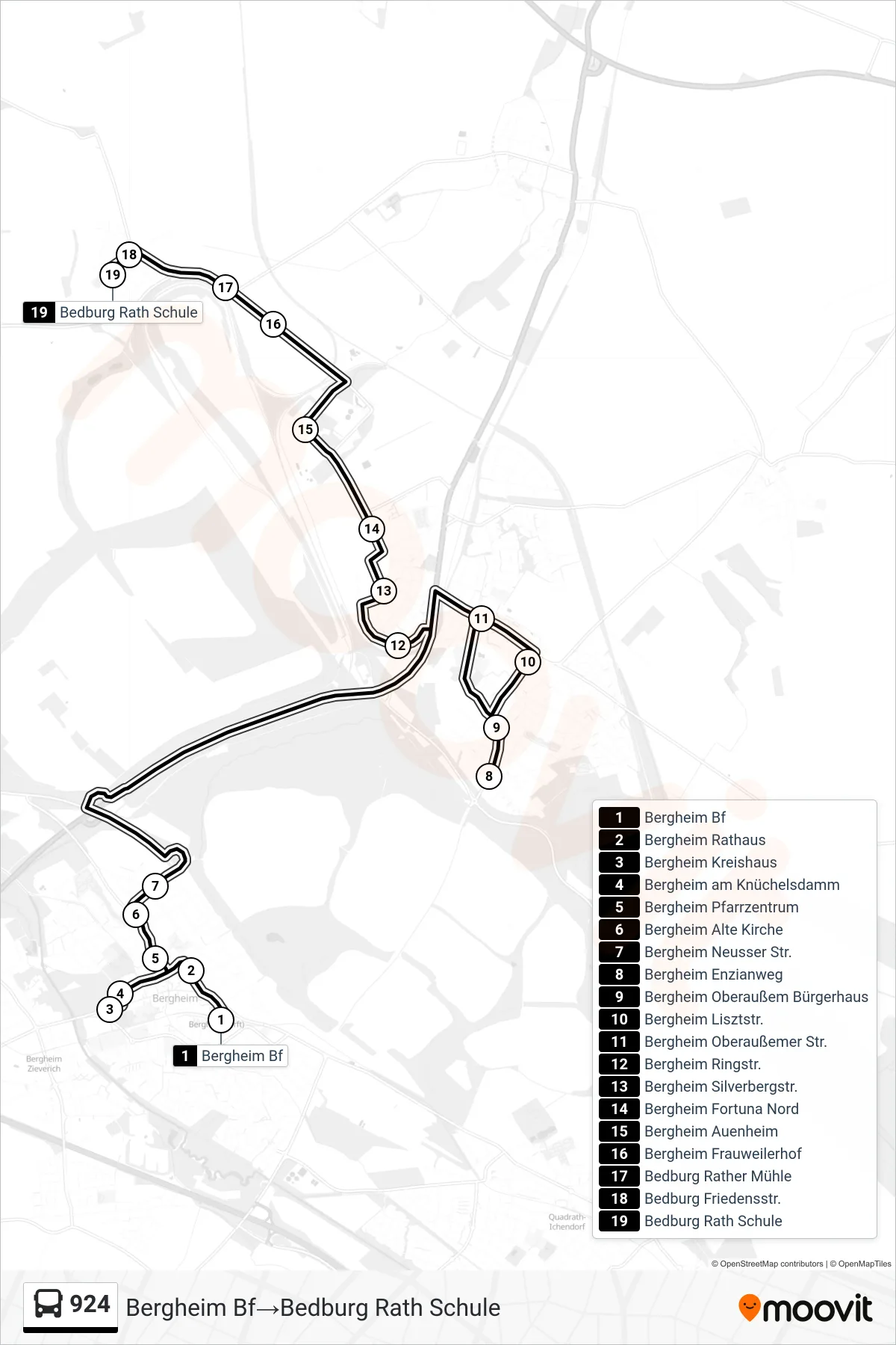 Linie 924 (Bus) Richtung Bergheim Bf→Bedburg Rath Schule: Route und Haltestellen auf der Karte