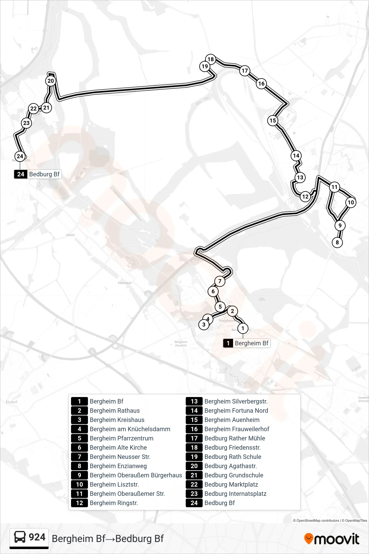 Linie 924 (Bus) Richtung Bergheim Bf→Bedburg Bf: Route und Haltestellen auf der Karte
