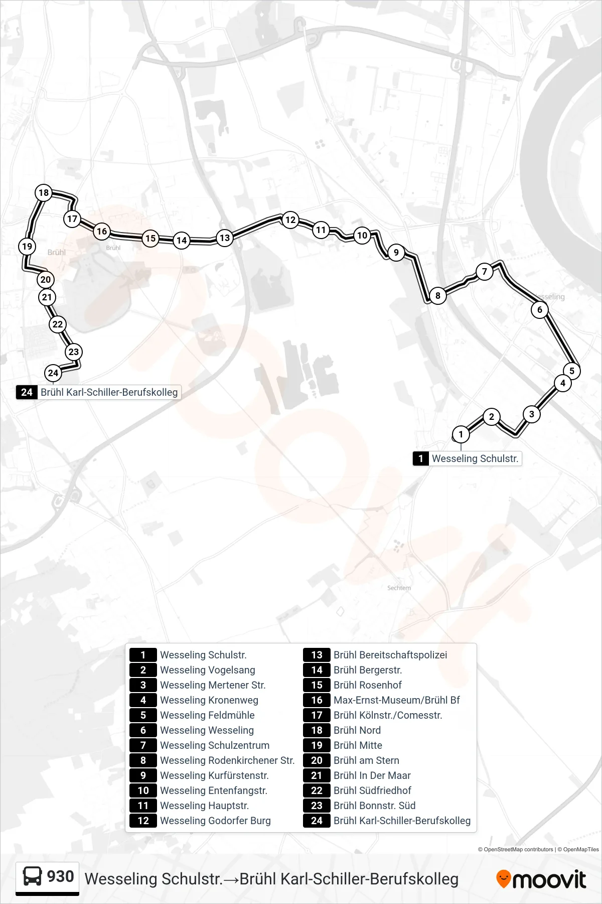 930 bus Line (Wesseling Schulstr.→Brühl Karl-Schiller-Berufskolleg) route and stops on a map