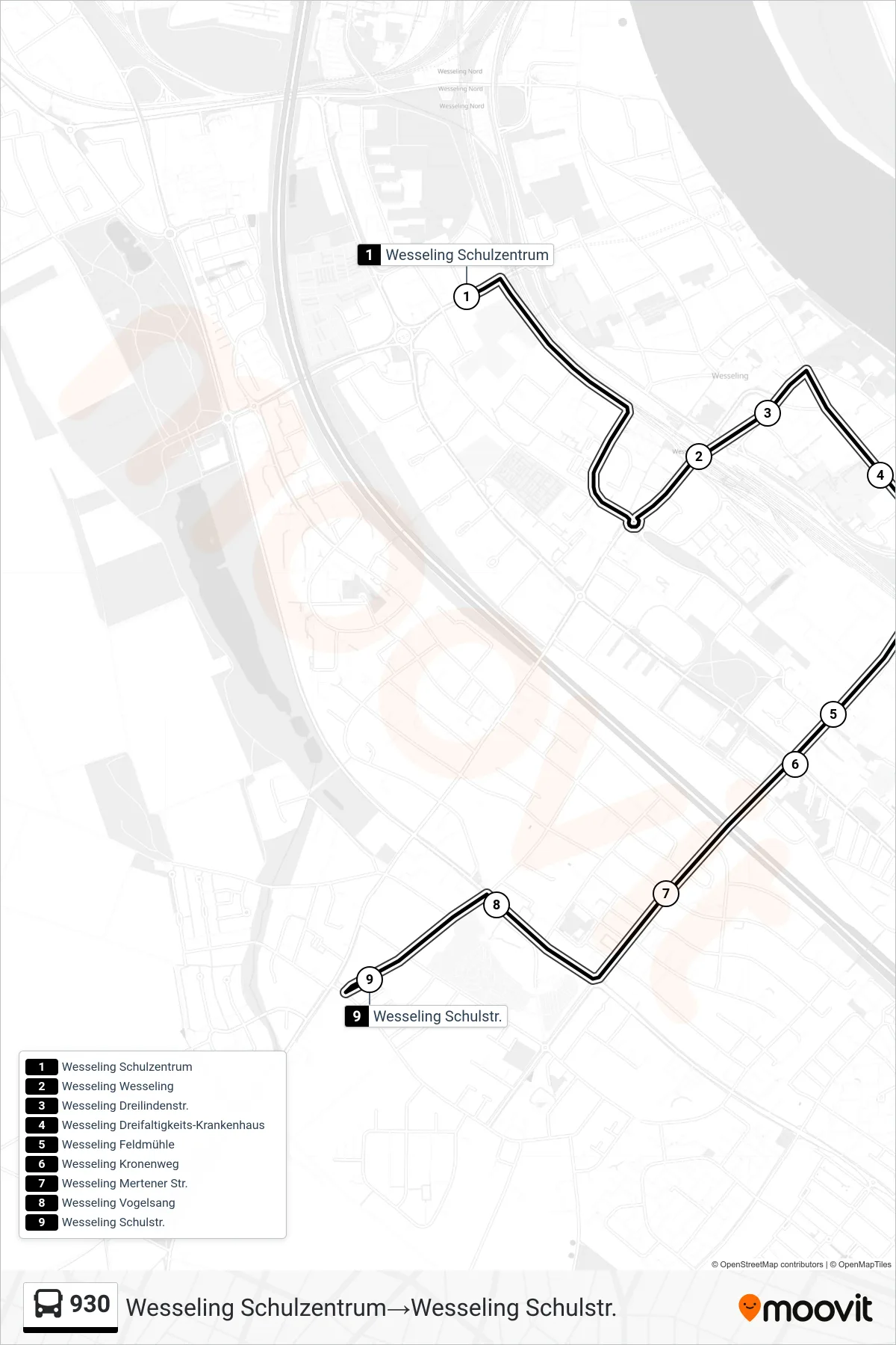 Linie 930 (Bus) Richtung Wesseling Schulzentrum→Wesseling Schulstr.: Route und Haltestellen auf der Karte