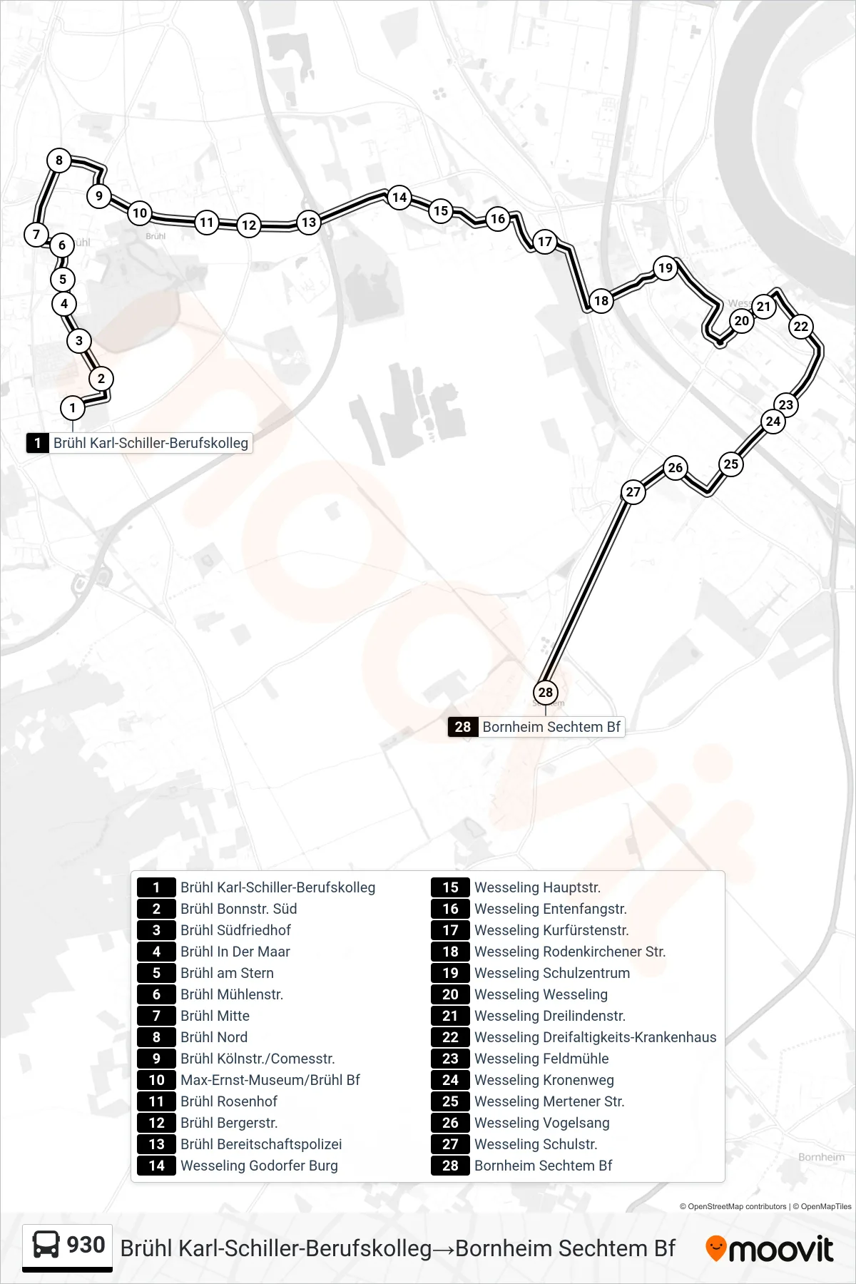 Linie 930 (Bus) Richtung Brühl Karl-Schiller-Berufskolleg→Bornheim Sechtem Bf: Route und Haltestellen auf der Karte