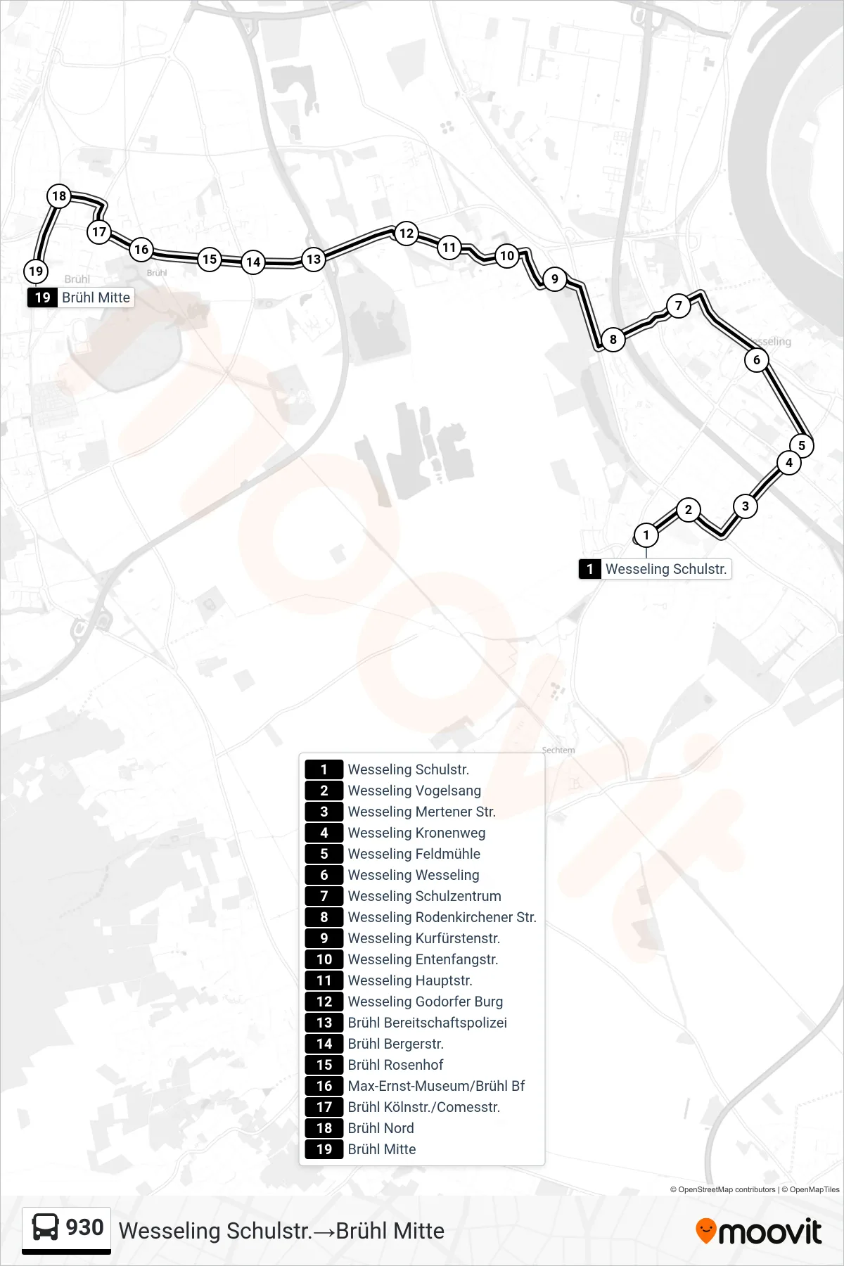 Linie 930 (Bus) Richtung Wesseling Schulstr.‎→Brühl Mitte: Route und Haltestellen auf der Karte
