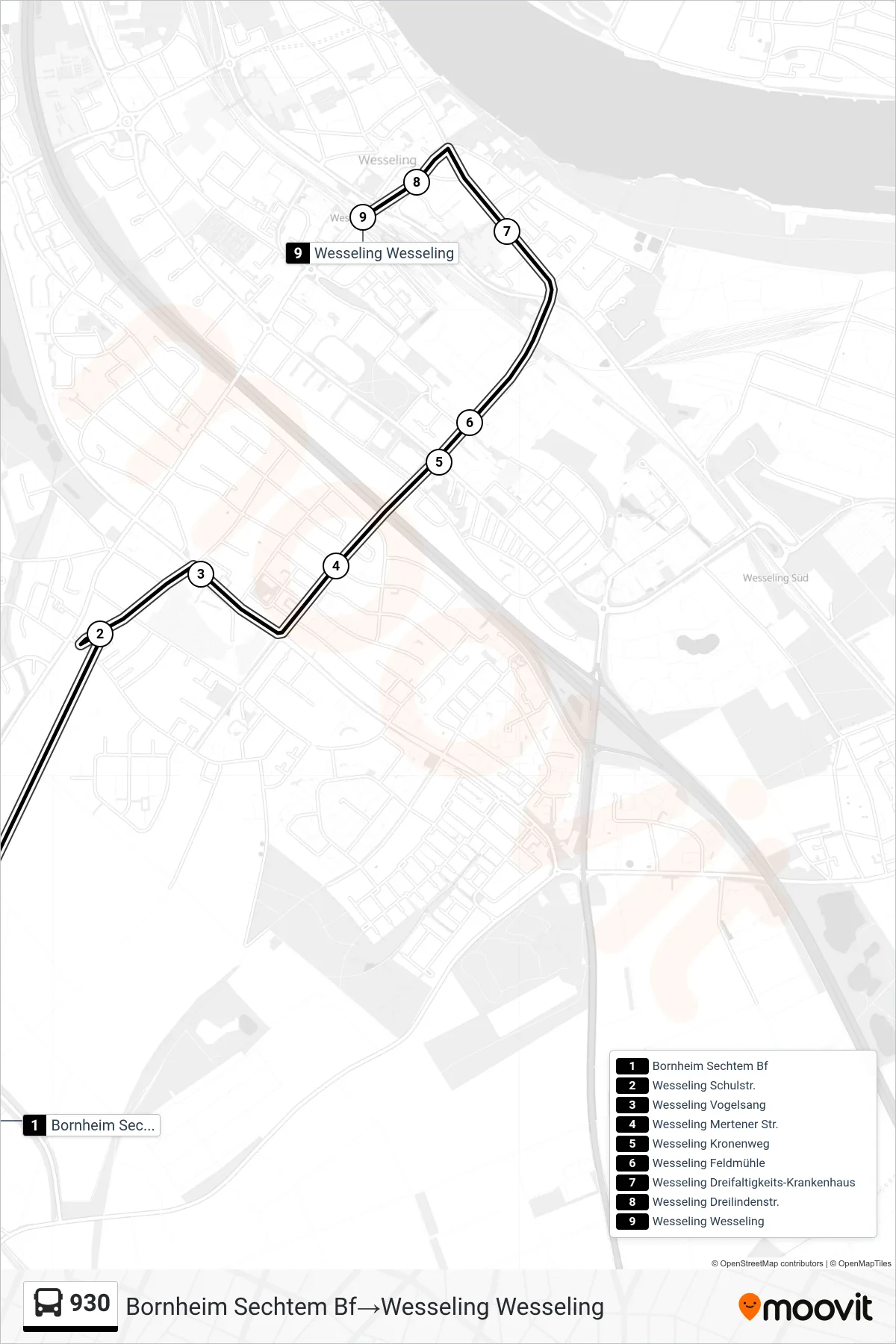 Linie 930 (Bus) Richtung Bornheim Sechtem Bf→Wesseling Wesseling: Route und Haltestellen auf der Karte