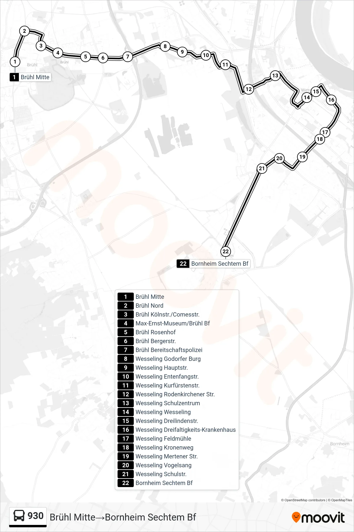 Linie 930 (Bus) Richtung Brühl Mitte→Bornheim Sechtem Bf: Route und Haltestellen auf der Karte