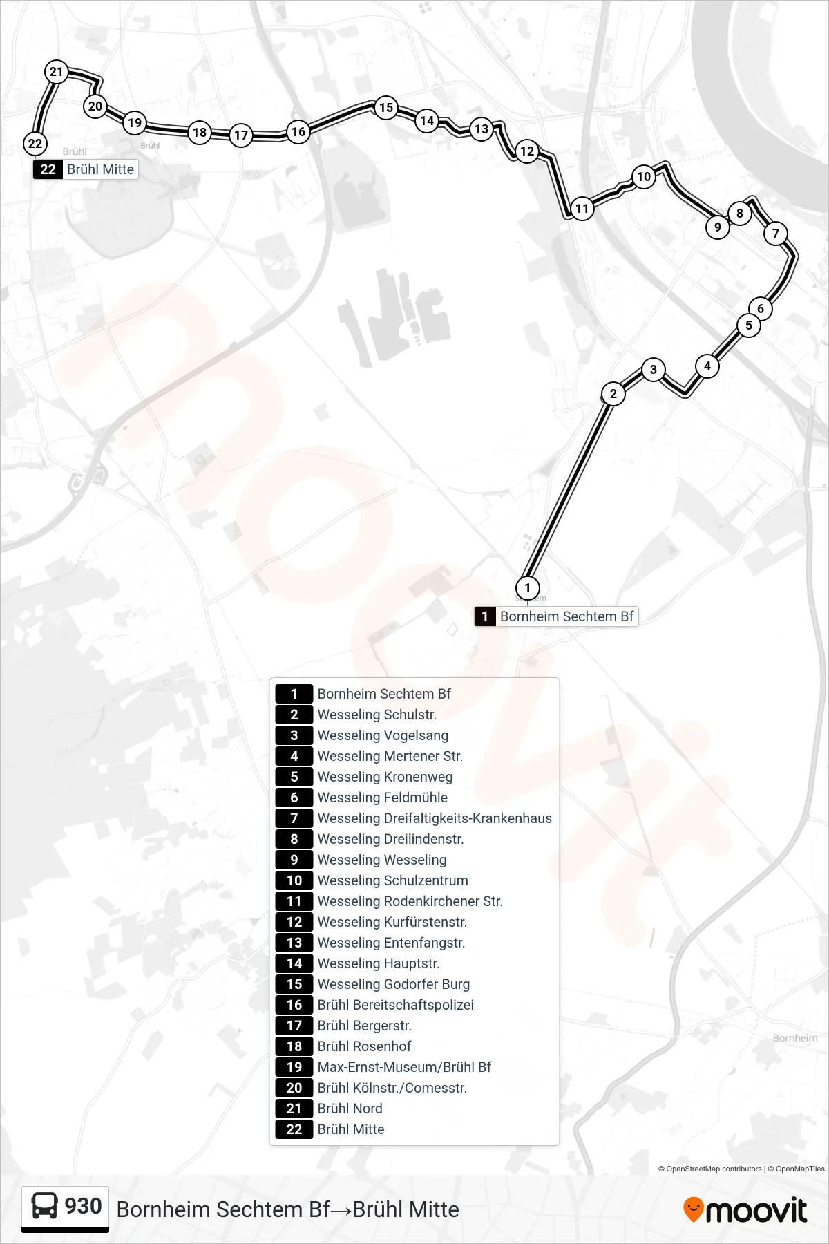 Linie 930 (Bus) Richtung Bornheim Sechtem Bf‎→Brühl Mitte: Route und Haltestellen auf der Karte