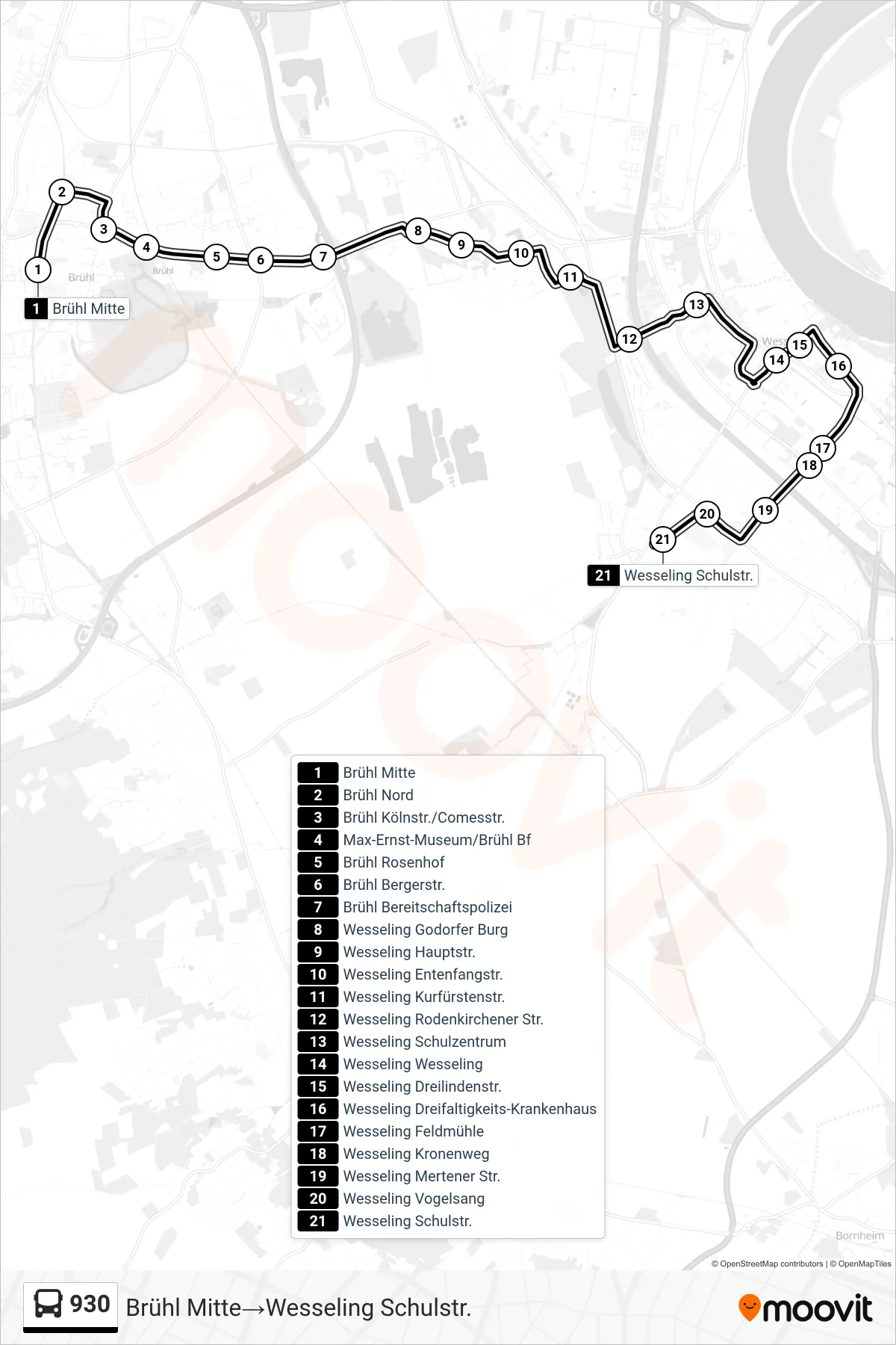 930 bus Line (Brühl Mitte→Wesseling Schulstr.) route and stops on a map