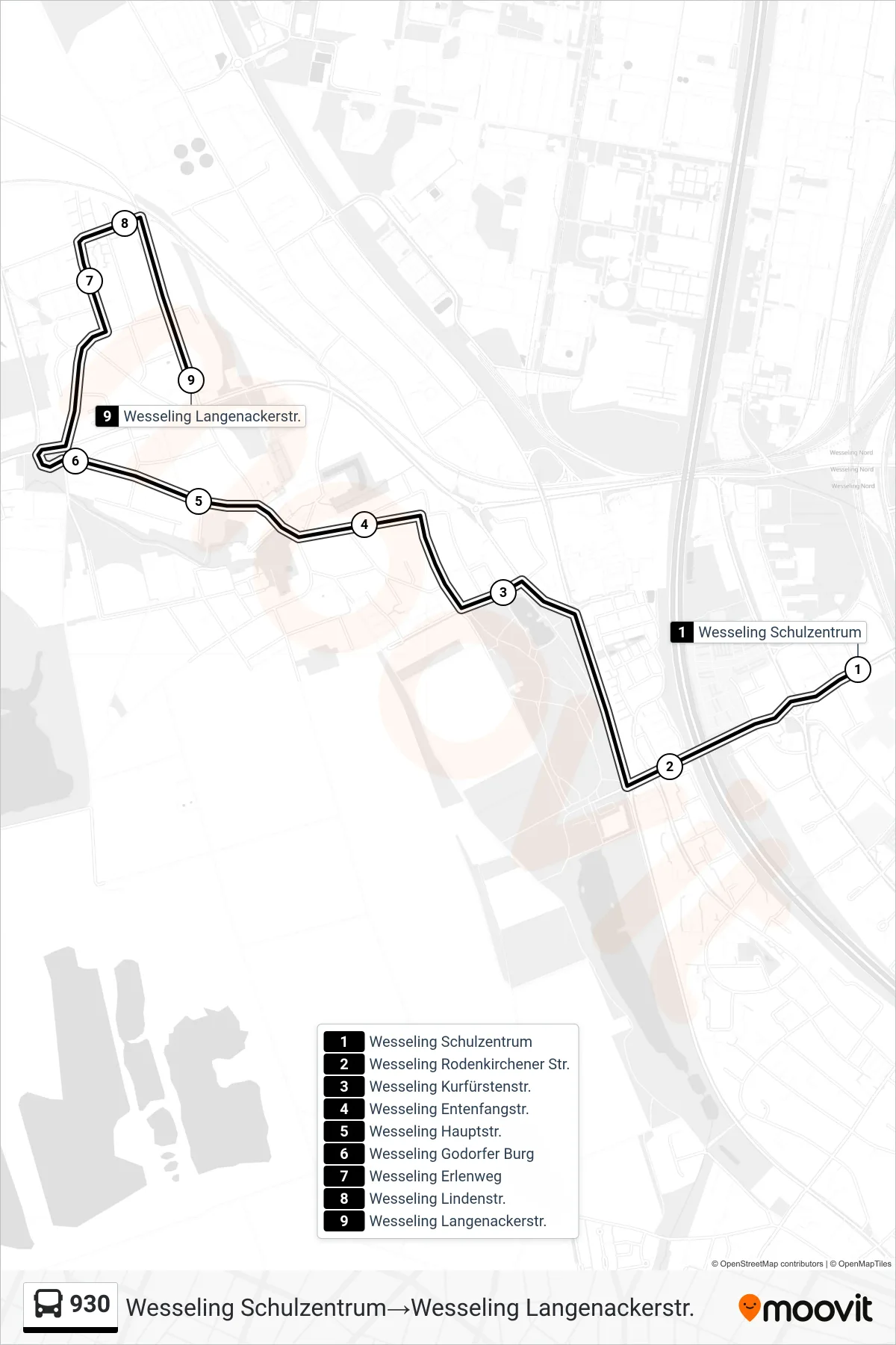 Linie 930 (Bus) Richtung Wesseling Schulzentrum‎→Wesseling Langenackerstr.: Route und Haltestellen auf der Karte