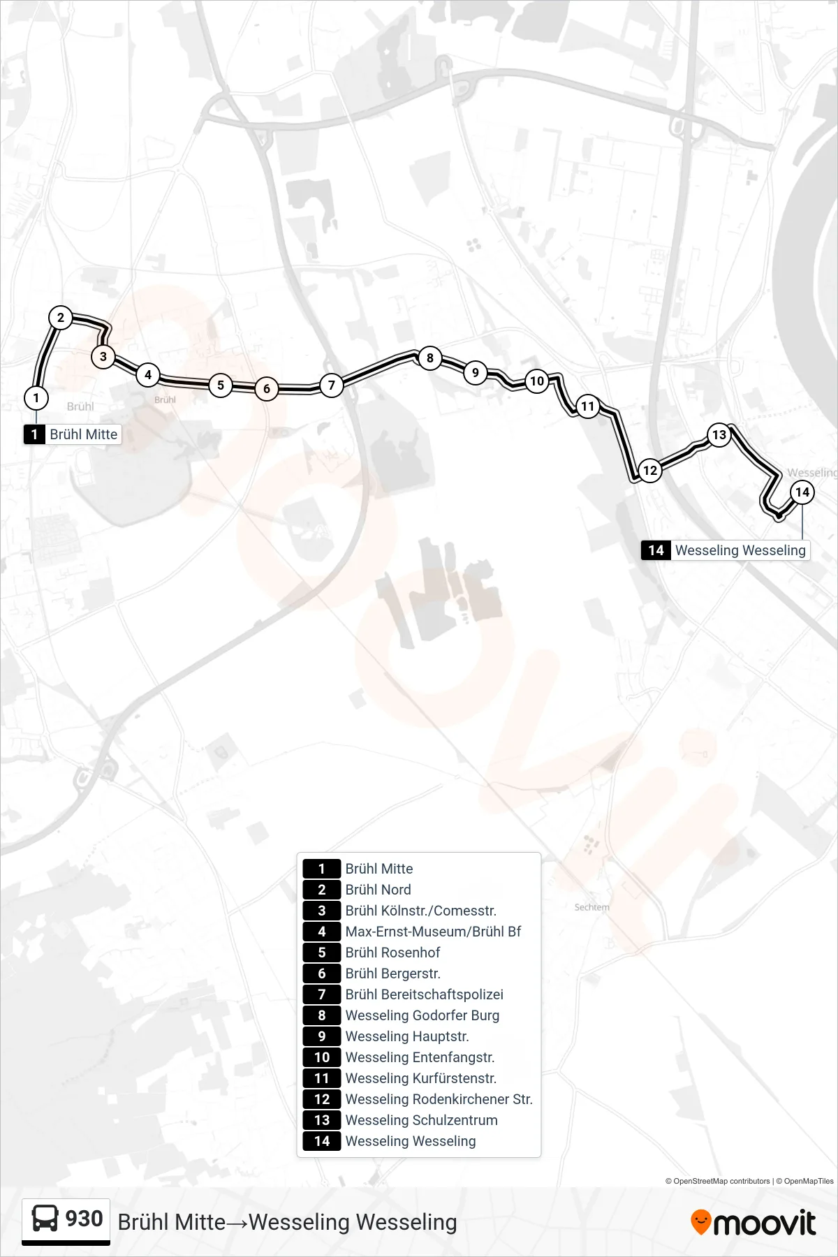 Linie 930 (Bus) Richtung Brühl Mitte‎→Wesseling Wesseling: Route und Haltestellen auf der Karte