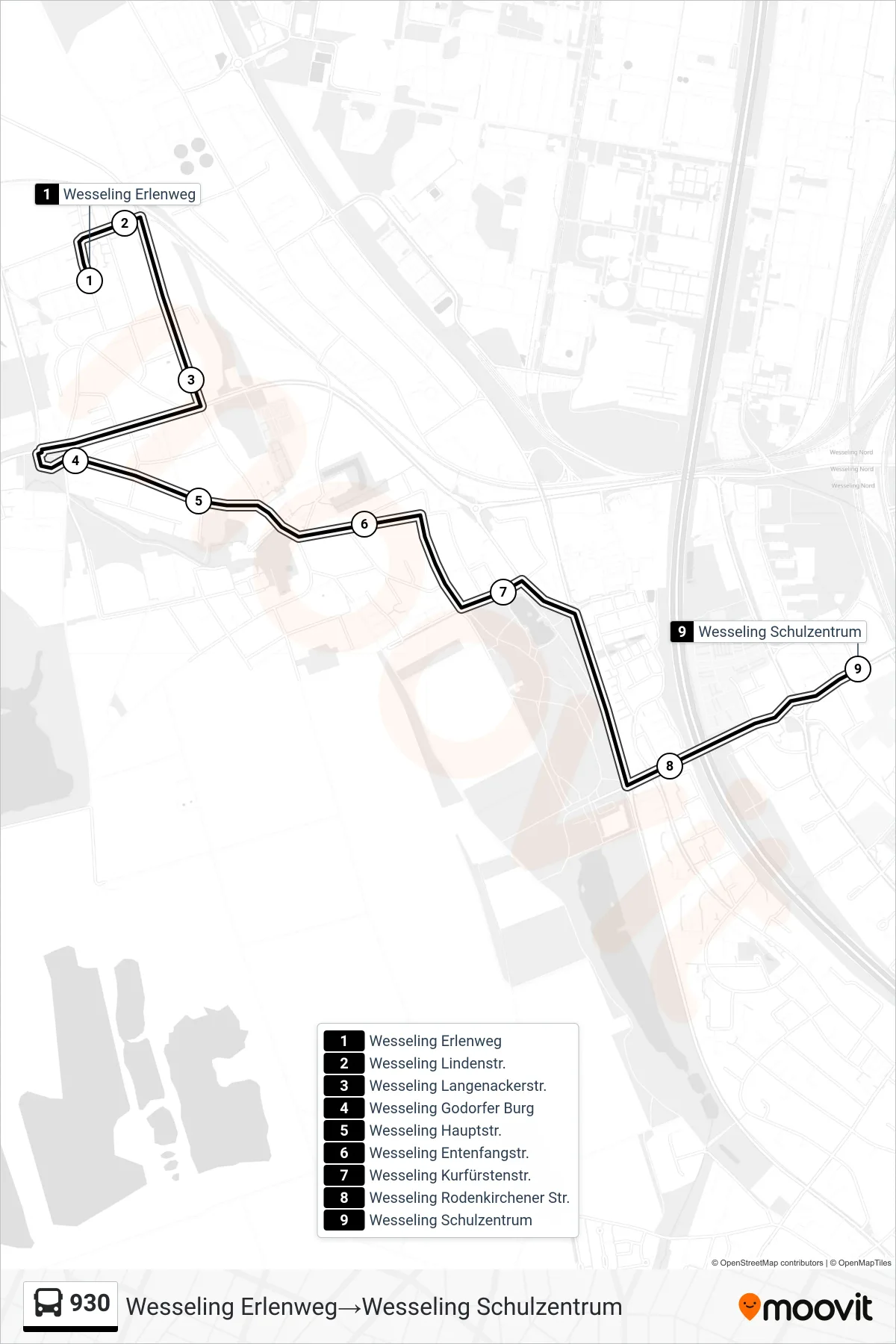 Linie 930 (Bus) Richtung Wesseling Erlenweg‎→Wesseling Schulzentrum: Route und Haltestellen auf der Karte